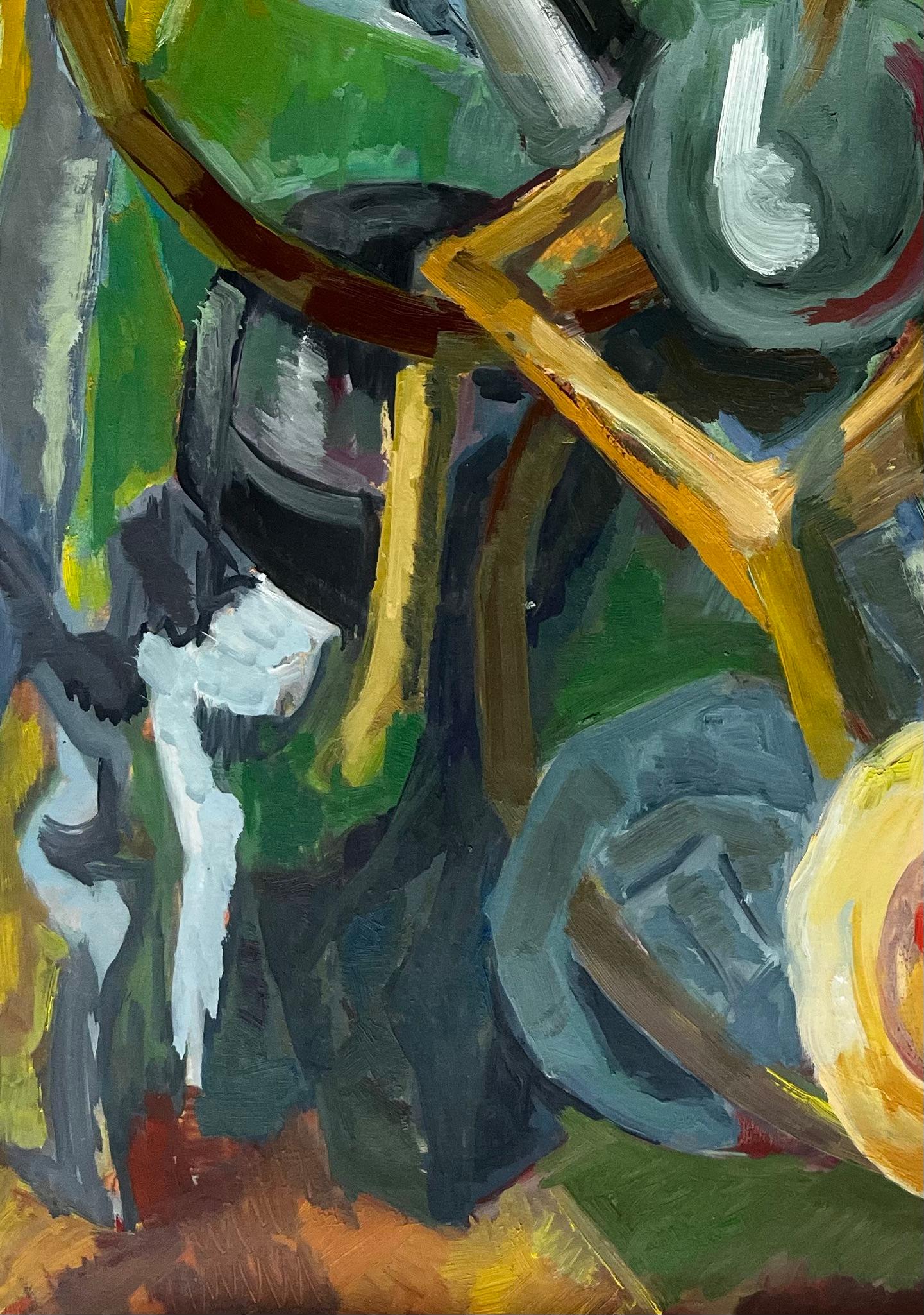 Nature morte abstraite avec assiettes, bols et chaise Gouache moderniste française en vente 1