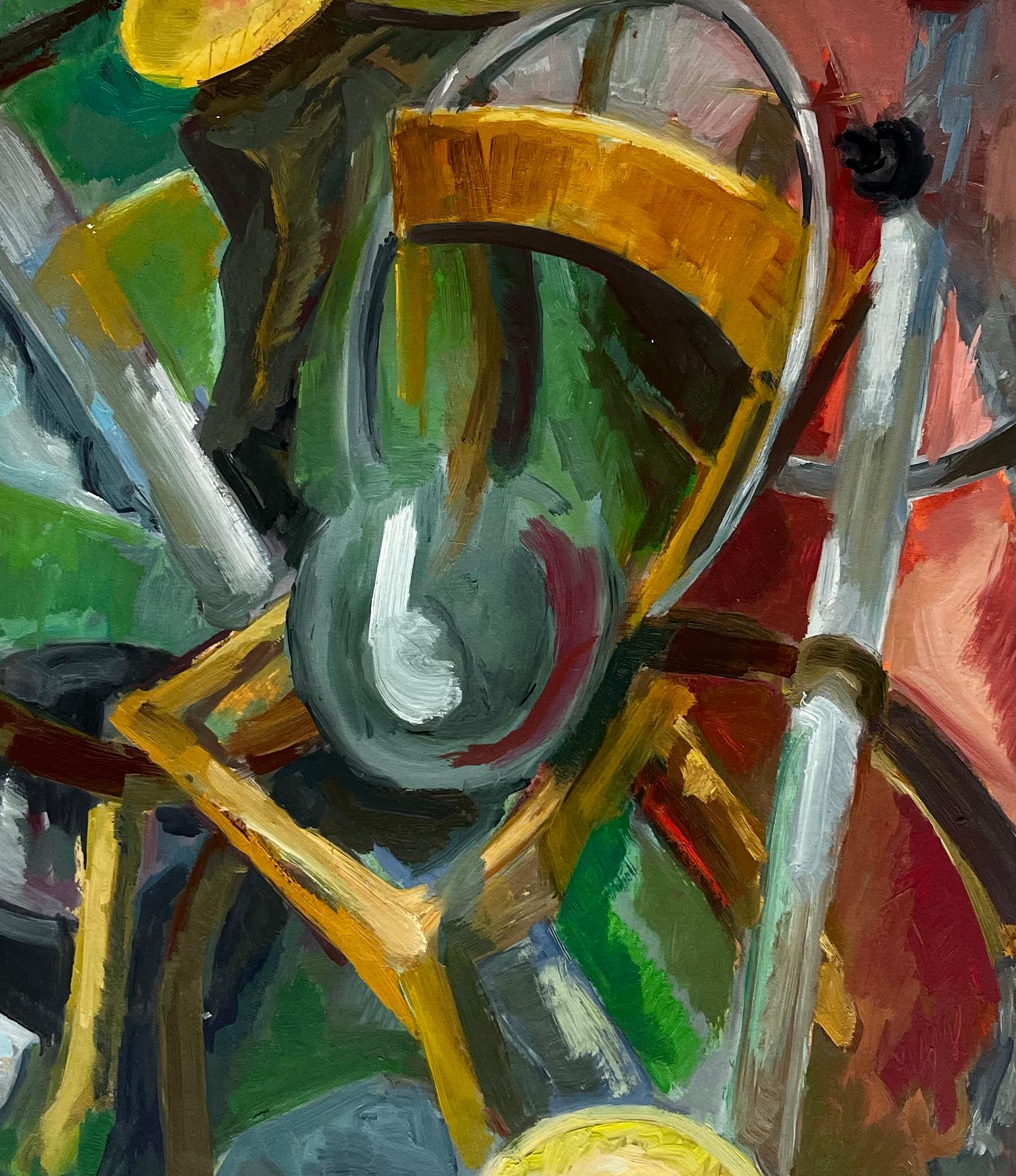 Nature morte abstraite avec assiettes, bols et chaise Gouache moderniste française en vente 2