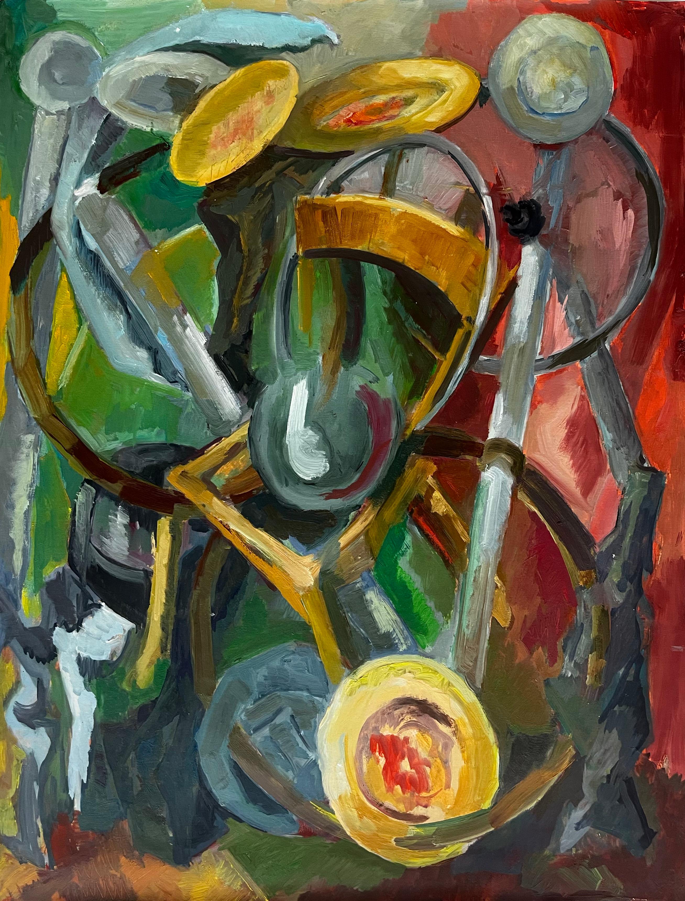 Abstraktes Stillleben mit Tellern Schalen und Stuhl Französische Moderne Gouache