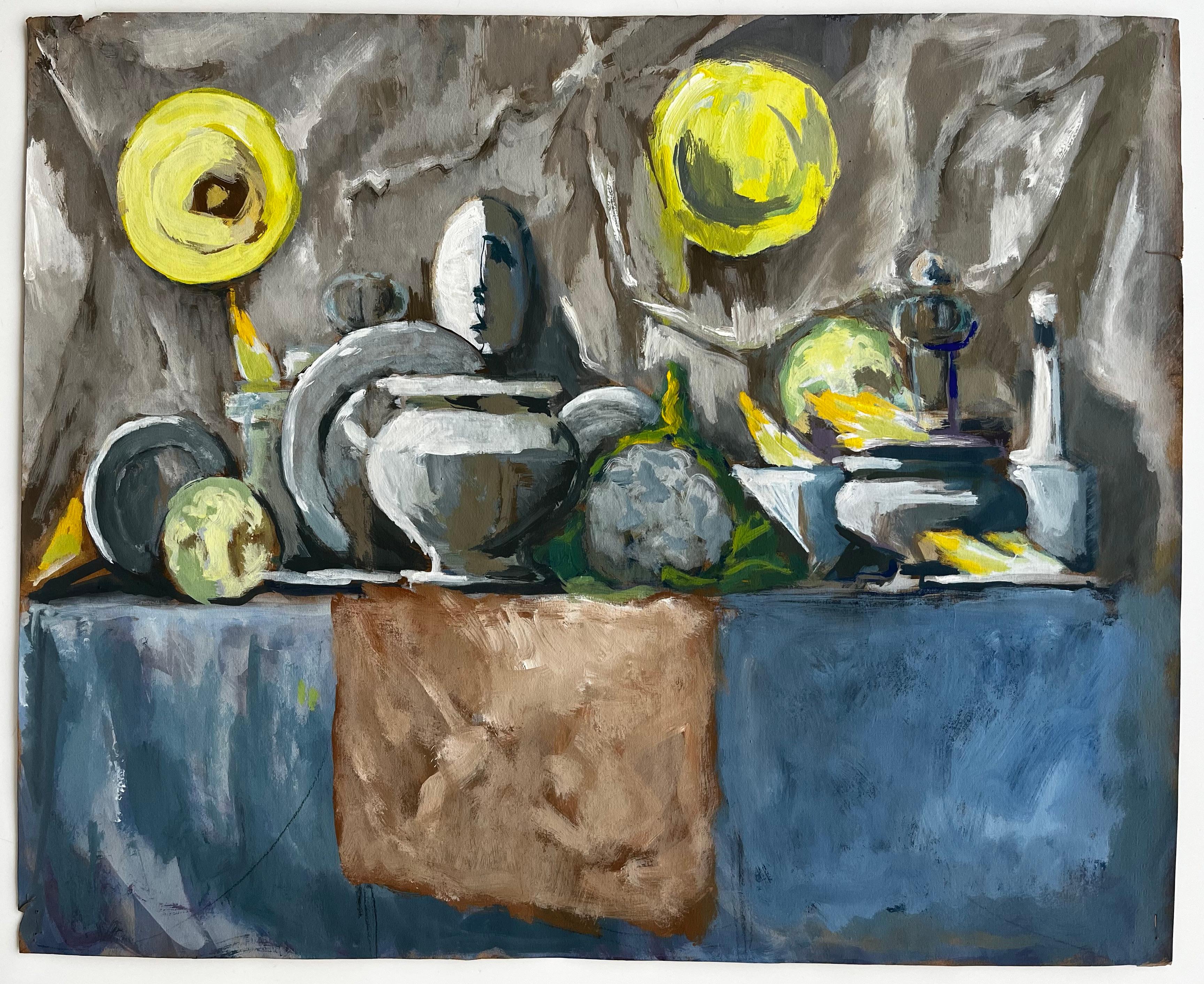 Abstraktes Stillleben mit Tellern Schalen und Küchenutensilien Modernist Gouache – Painting von Guy Nicod