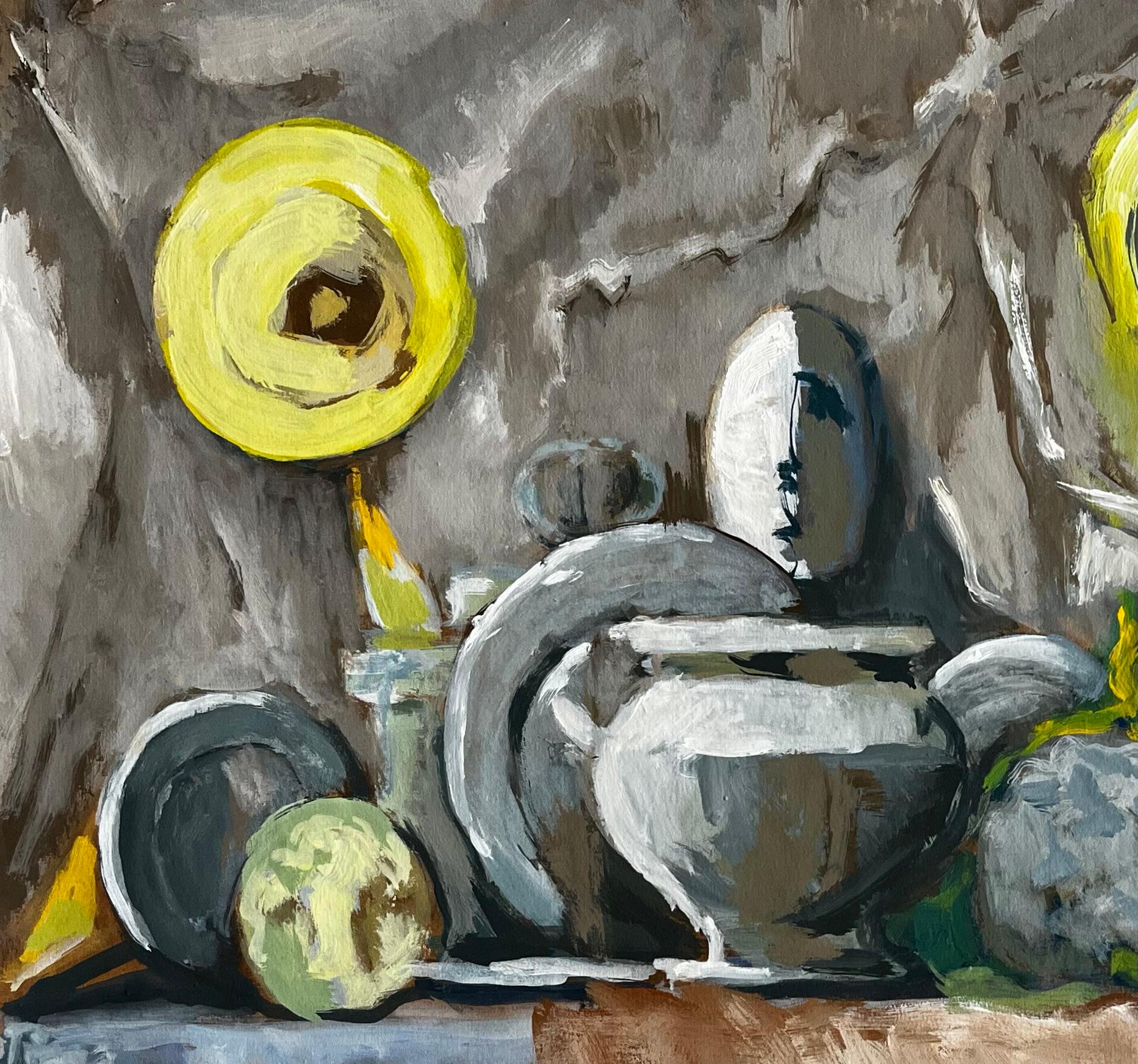 Abstraktes Stillleben mit Tellern Schalen und Küchenutensilien Modernist Gouache (Moderne), Painting, von Guy Nicod