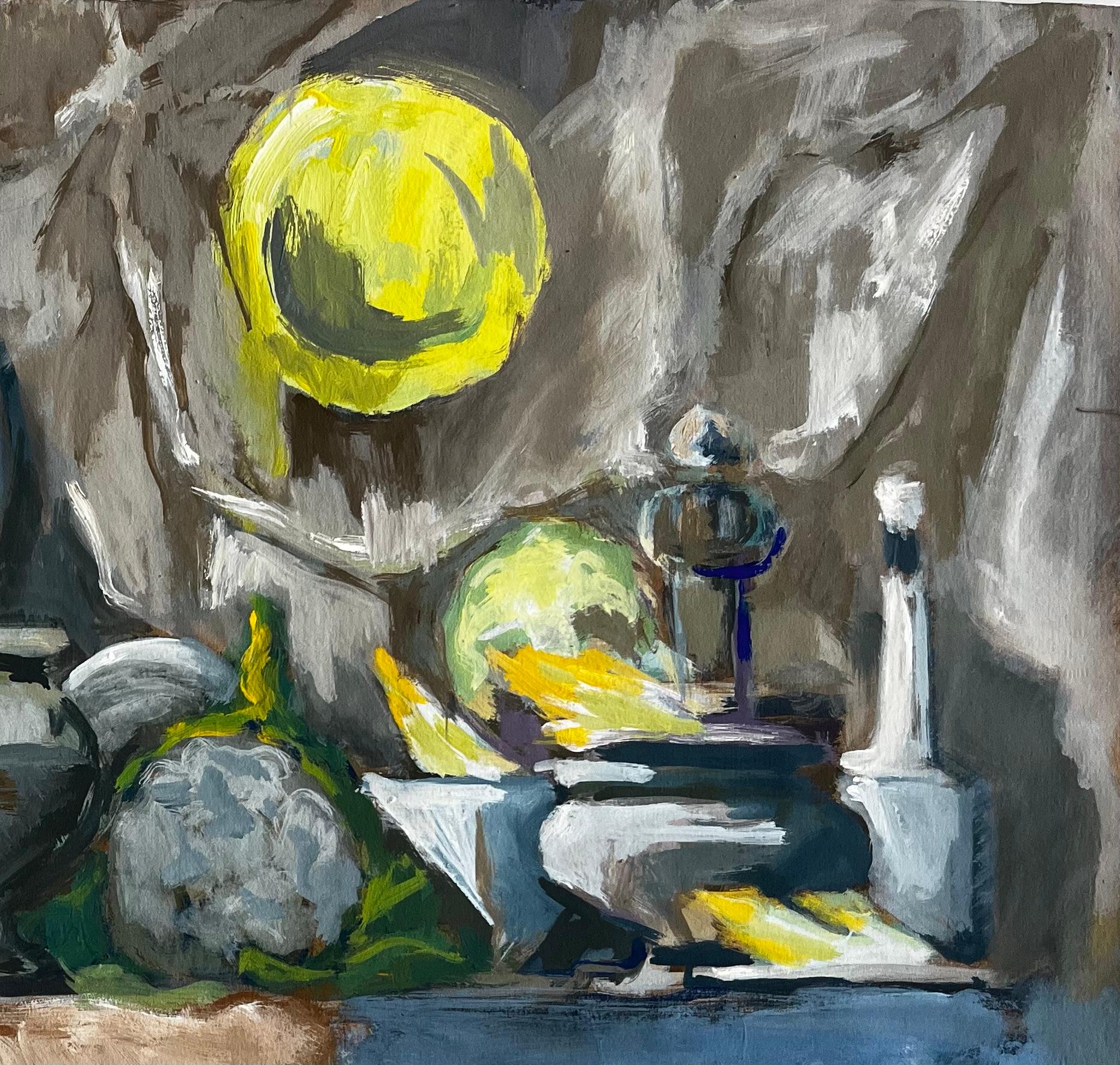 Abstraktes Stillleben mit Tellern Schalen und Küchenutensilien Modernist Gouache (Grau), Abstract Painting, von Guy Nicod