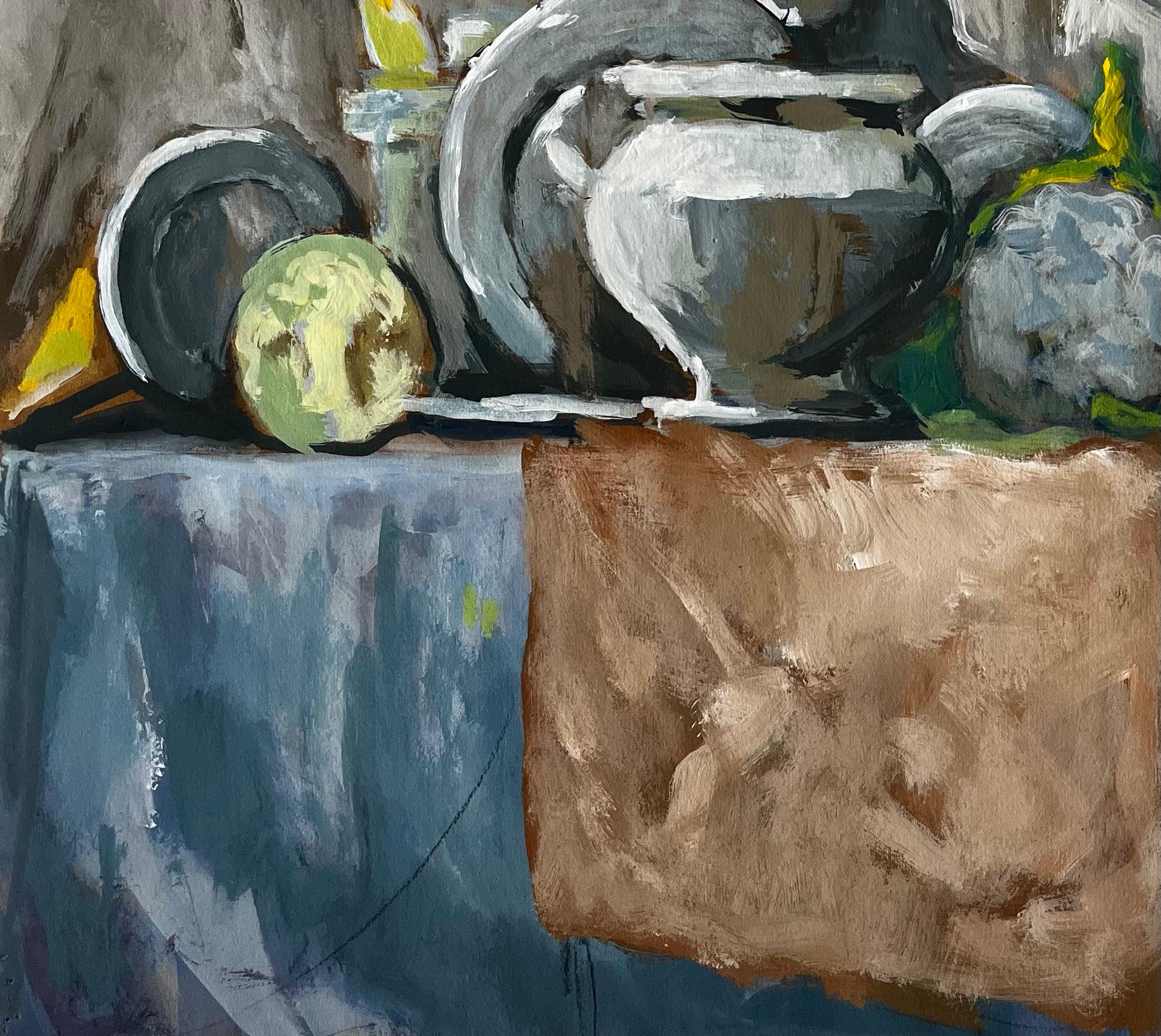 Titel: Abstraktes Stilleben mit Tellern Schalen und Küchenutensilien Modernist Gouache
Guy Nicod (Französisch 1923 - 2021) 
Gouache auf Künstlerpapier, ungerahmt
Größe: 19,75 x 24 Zoll (Höhe x Breite)
Provenienz: Künstlernachlass,