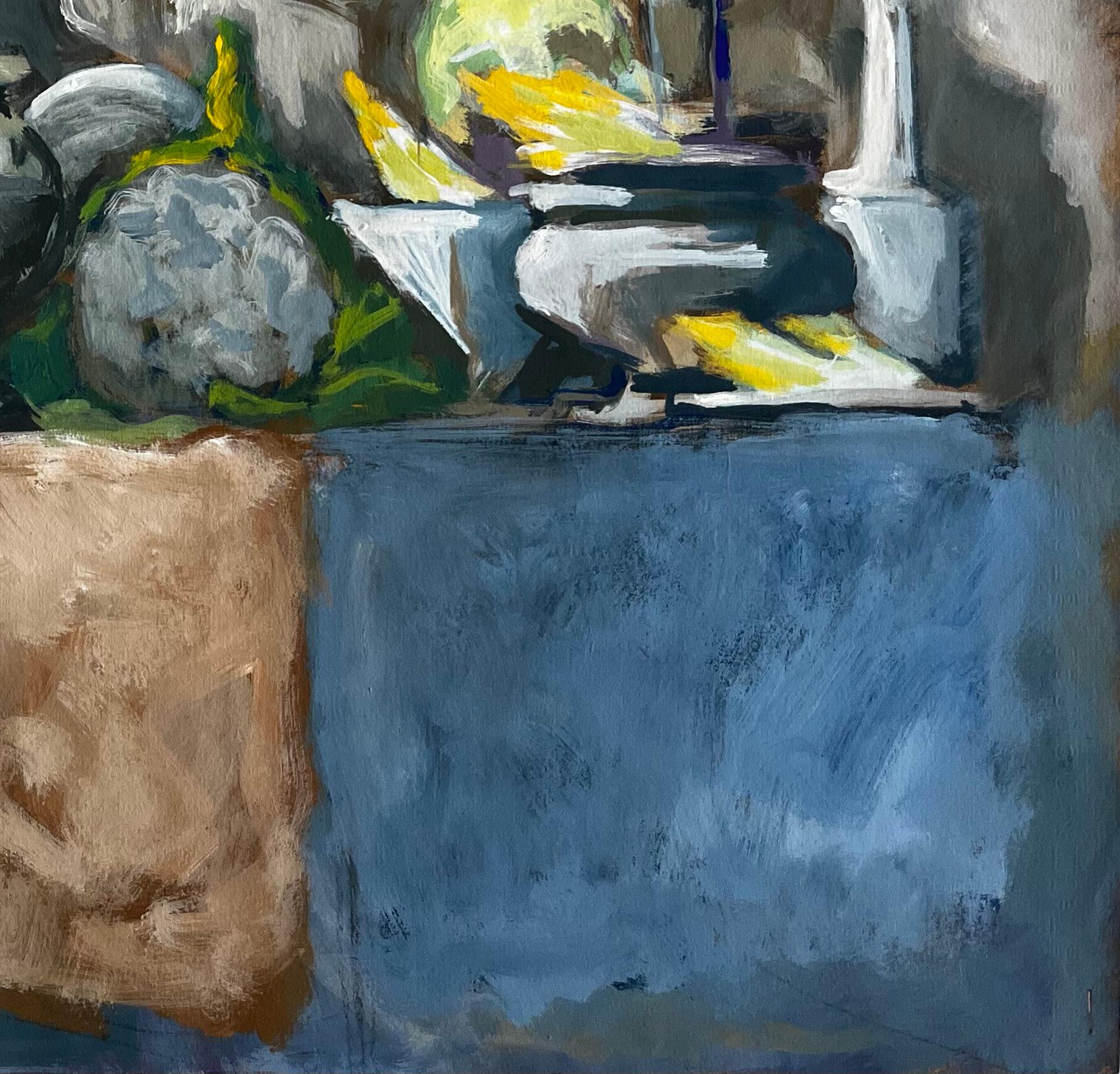 Abstraktes Stillleben mit Tellern Schalen und Küchenutensilien Modernist Gouache im Angebot 1