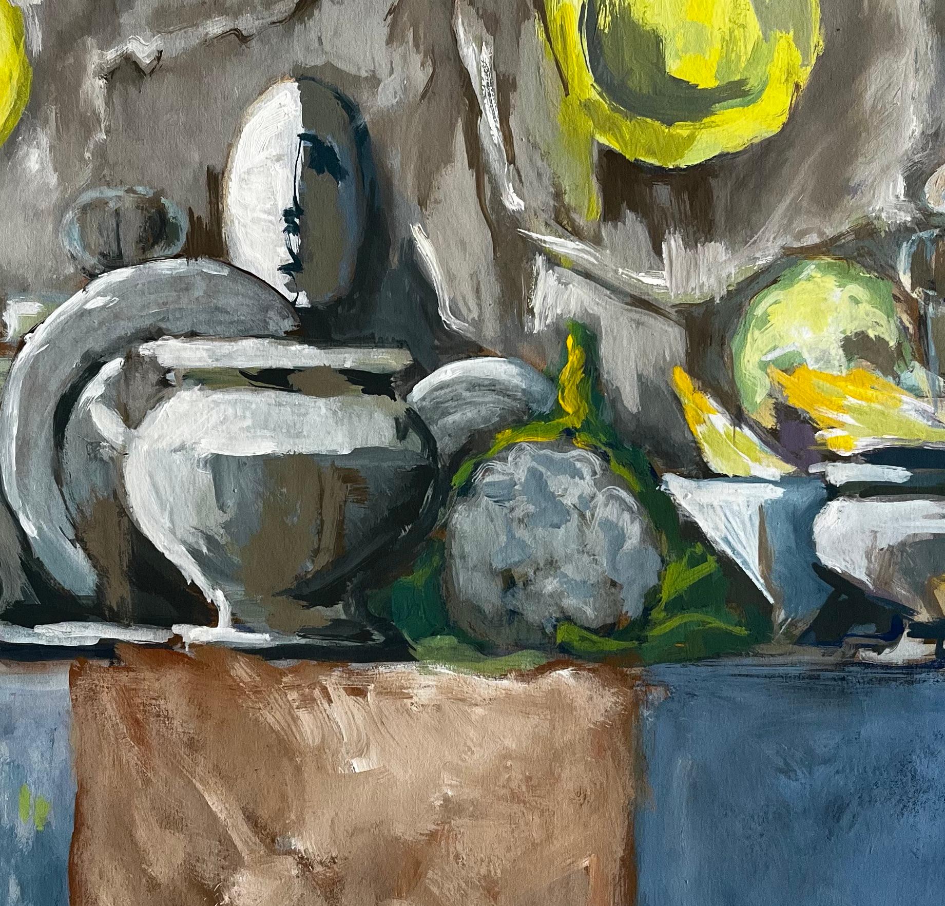 Abstraktes Stillleben mit Tellern Schalen und Küchenutensilien Modernist Gouache im Angebot 2