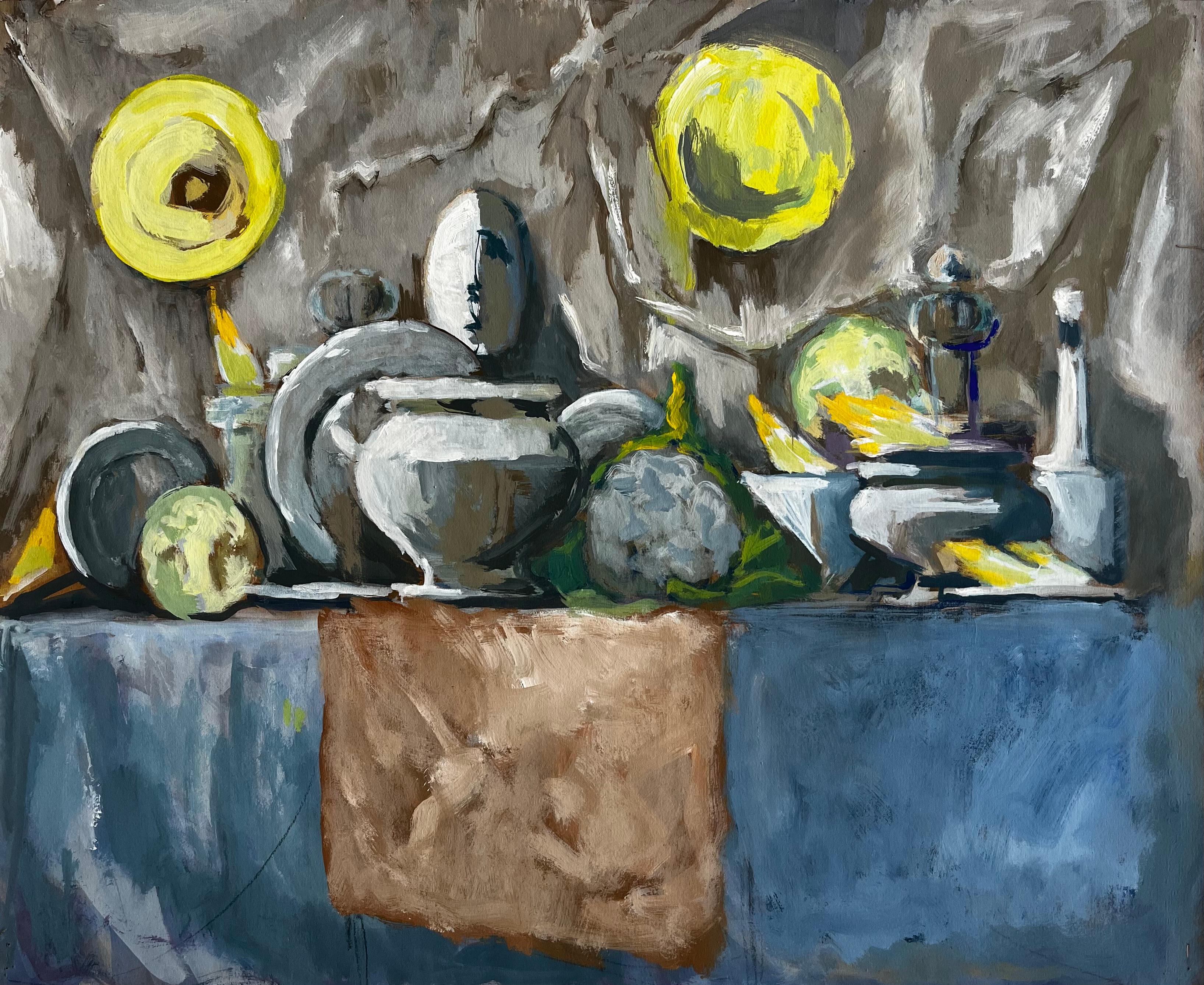 Abstraktes Stillleben mit Tellern Schalen und Küchenutensilien Modernist Gouache