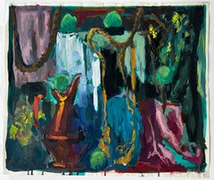 Abstract Still Life with Teapot Rope and Green Orbs French Modernist Gouache