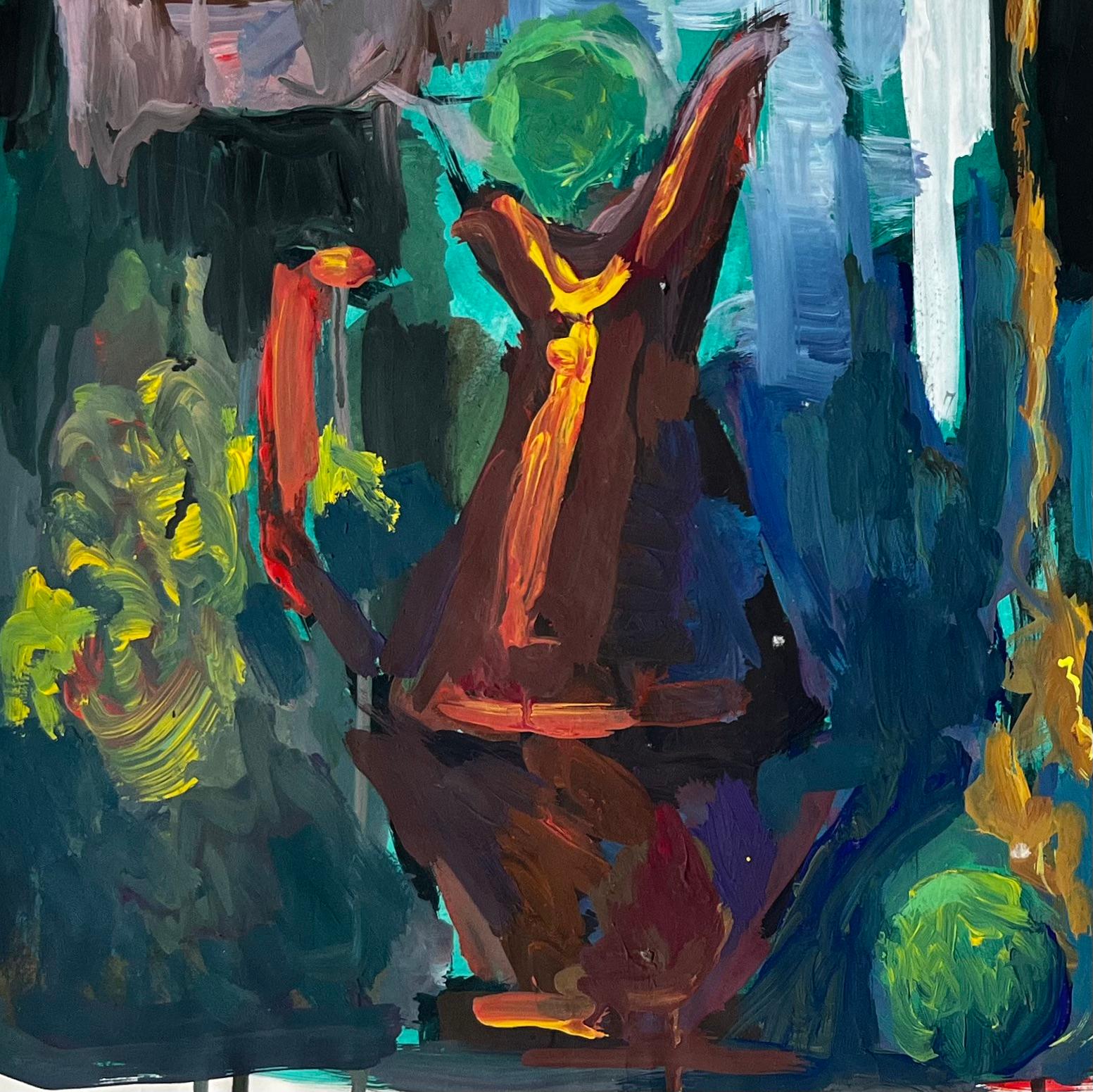 Nature morte abstraite avec théière, corde et orbes verts Gouache moderniste française - Moderne Painting par Guy Nicod