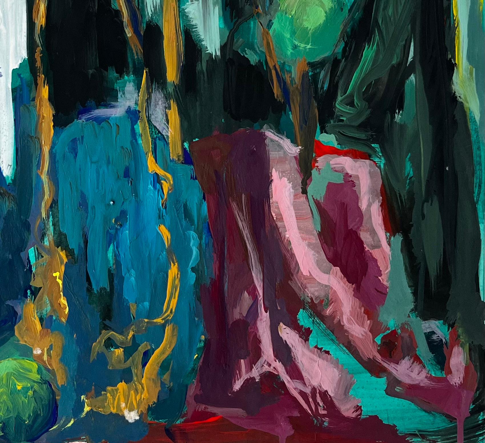 Nature morte abstraite avec théière, corde et orbes verts Gouache moderniste française - Noir Abstract Painting par Guy Nicod