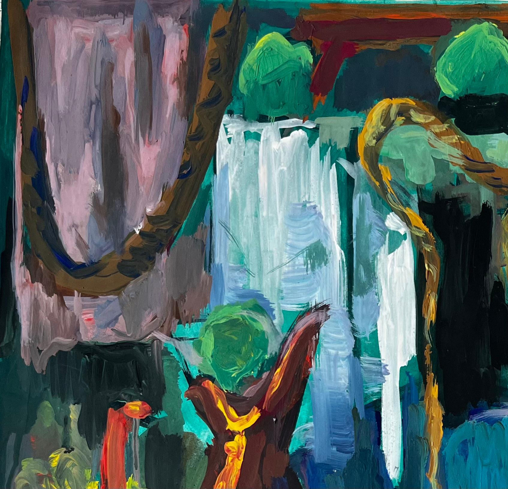Nature morte abstraite avec théière, corde et orbes verts Gouache moderniste française en vente 1