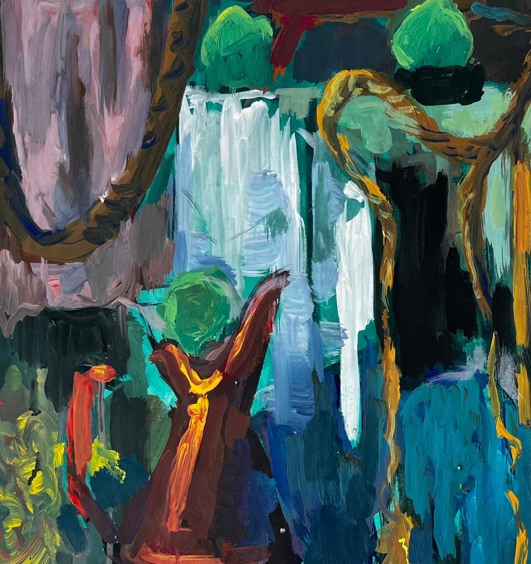 Nature morte abstraite avec théière, corde et orbes verts Gouache moderniste française en vente 2