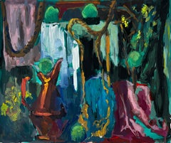 Nature morte abstraite avec théière, corde et orbes verts Gouache moderniste française