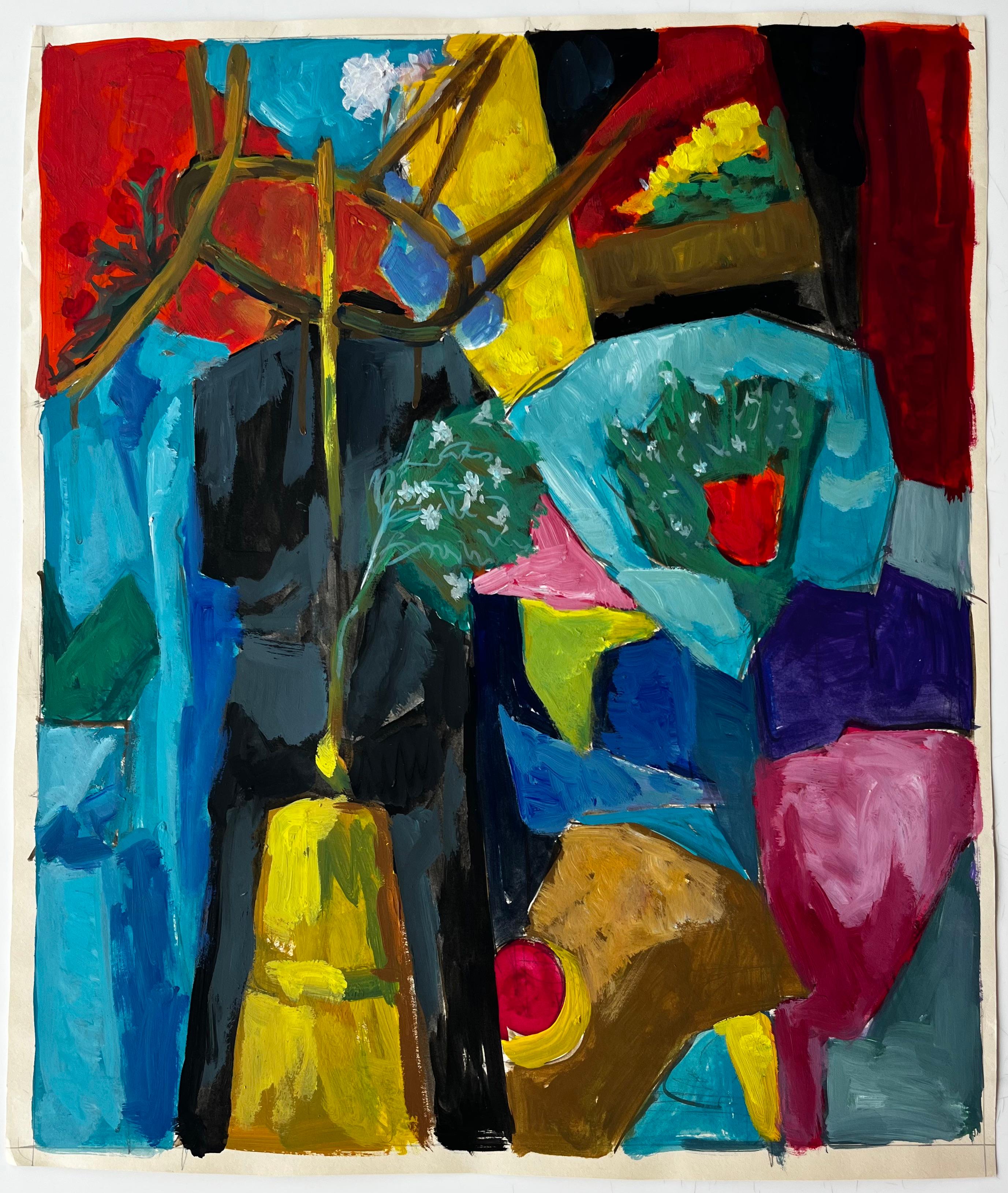 Abstract Still Life with Yellow Vase Red Curtain and Blue Flowers French Gouache - Painting by Guy Nicod