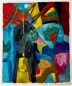 Nature morte abstraite avec vase jaune, rideau rouge et fleurs bleues Gouache française