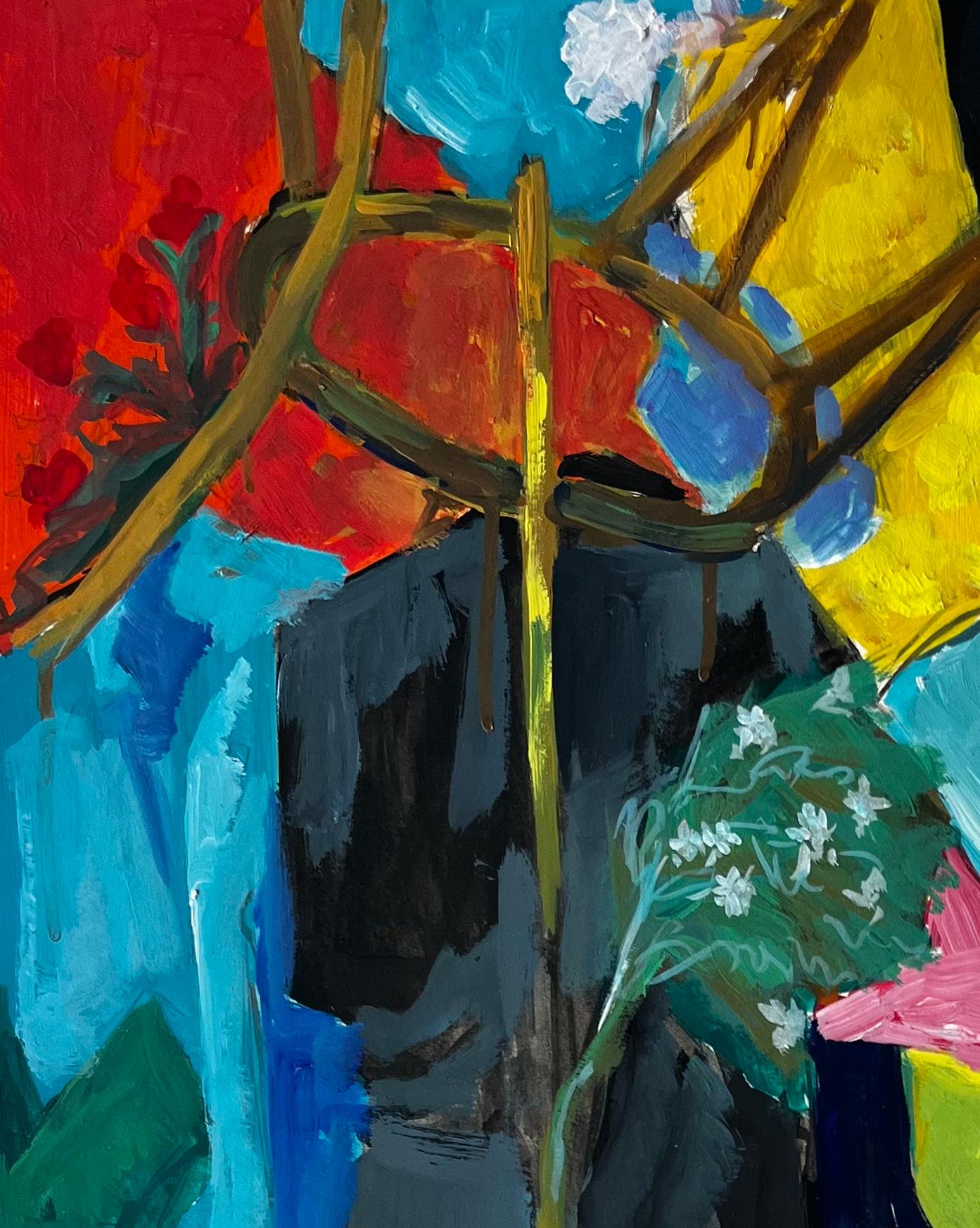 Abstract Still Life with Yellow Vase Red Curtain and Blue Flowers French Gouache - Modern Painting by Guy Nicod