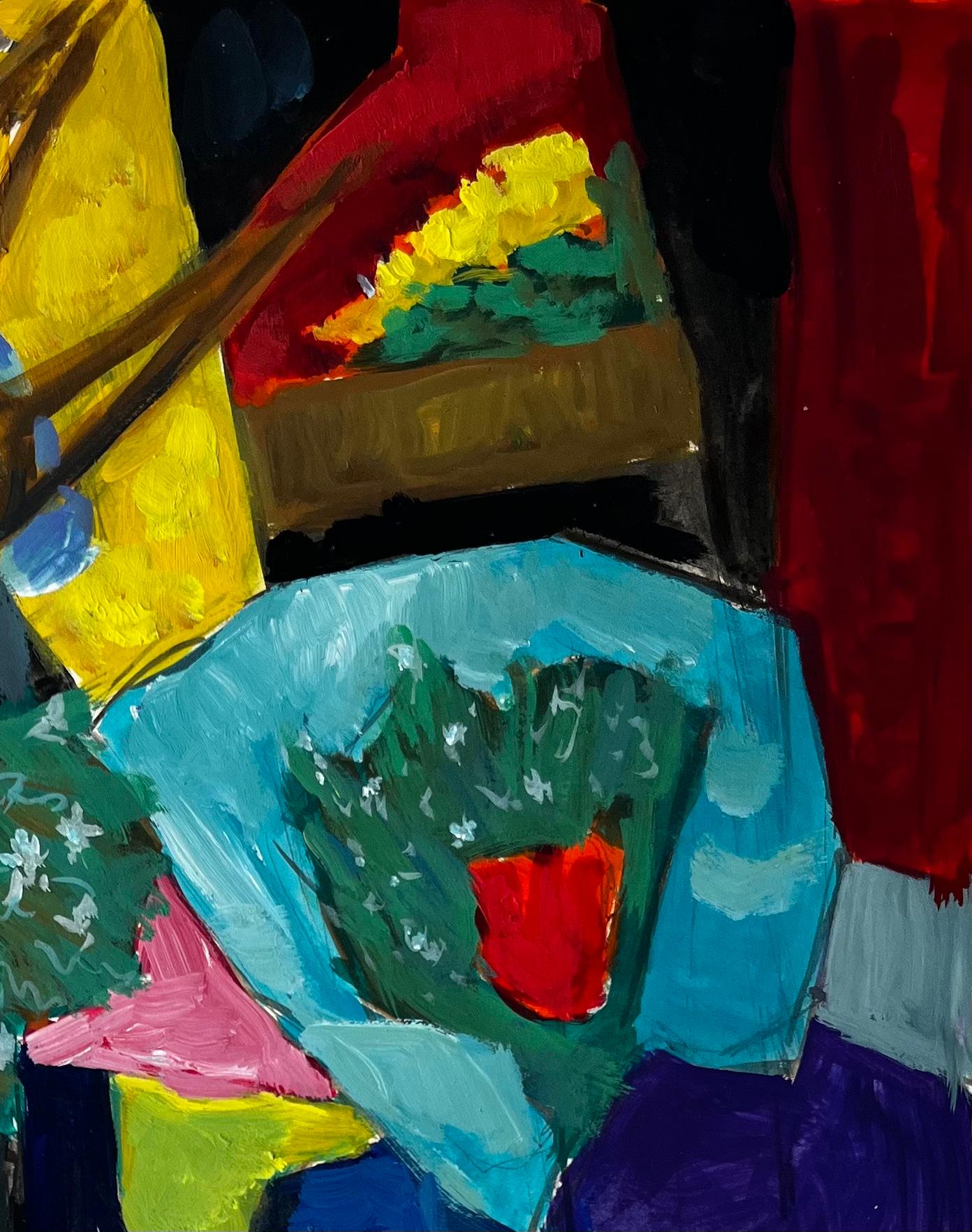 Abstract Still Life with Yellow Vase Red Curtain and Blue Flowers French Gouache - Black Abstract Painting by Guy Nicod