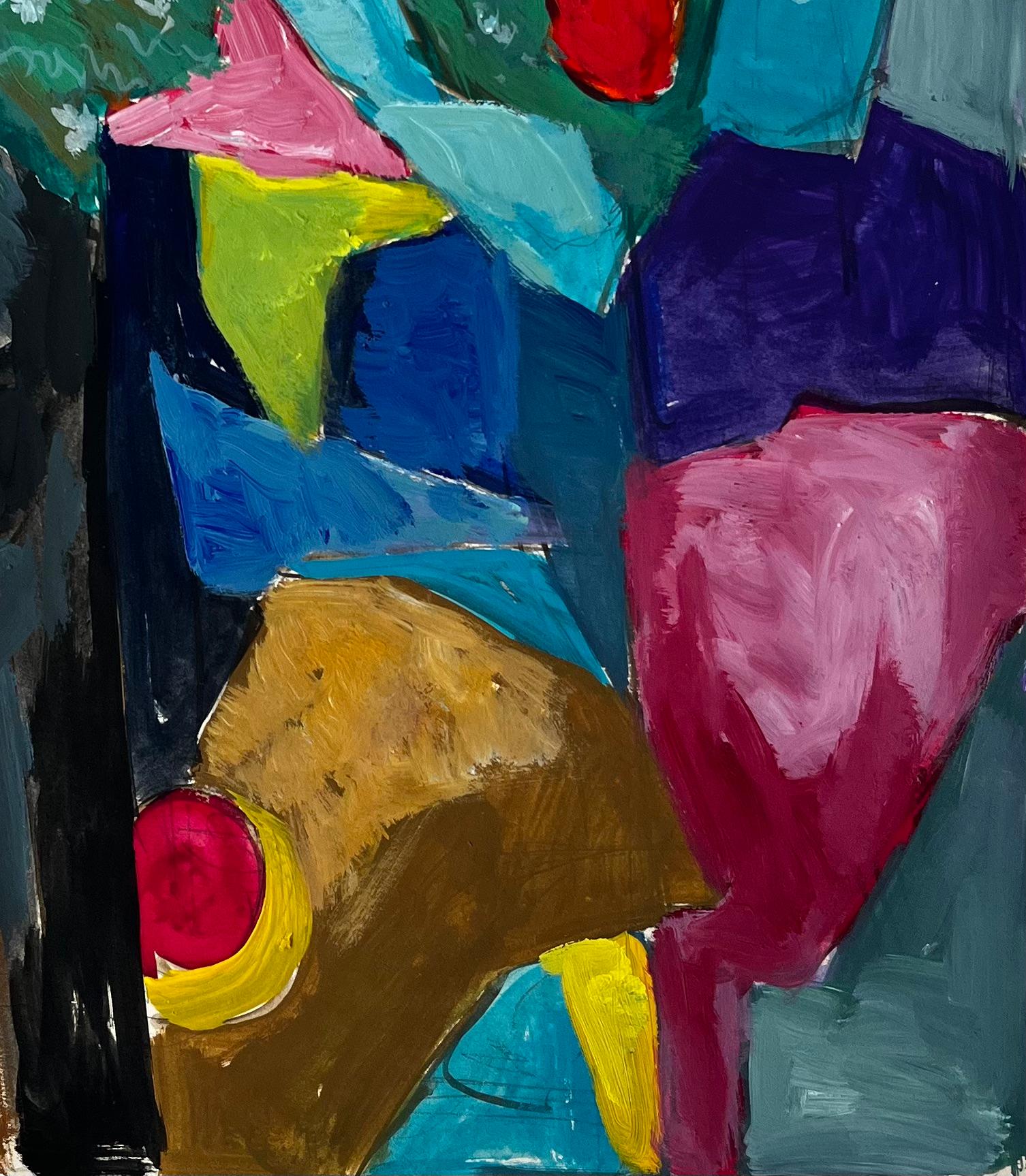 Title: Abstract Still Life with Yellow Vase Red Curtain and Blue Flowers French Gouache
Guy Nicod (French 1923 - 2021) 
Gouache on artist paper, unframed
Size: 22.5 x 19 inches (height x width)
Provenance: Artists estate, France
Condition: Good