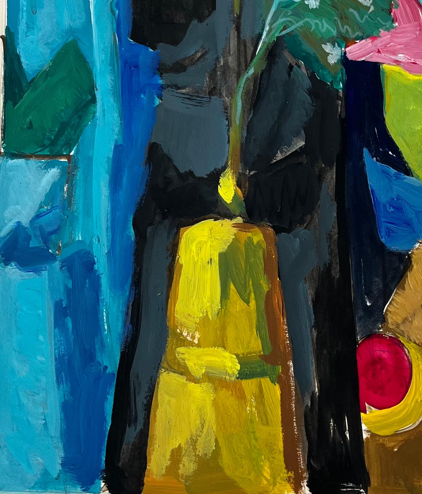 Abstract Still Life with Yellow Vase Red Curtain and Blue Flowers French Gouache For Sale 1