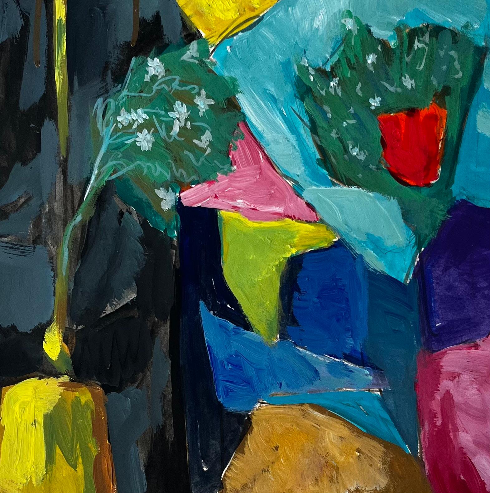 Abstract Still Life with Yellow Vase Red Curtain and Blue Flowers French Gouache For Sale 2