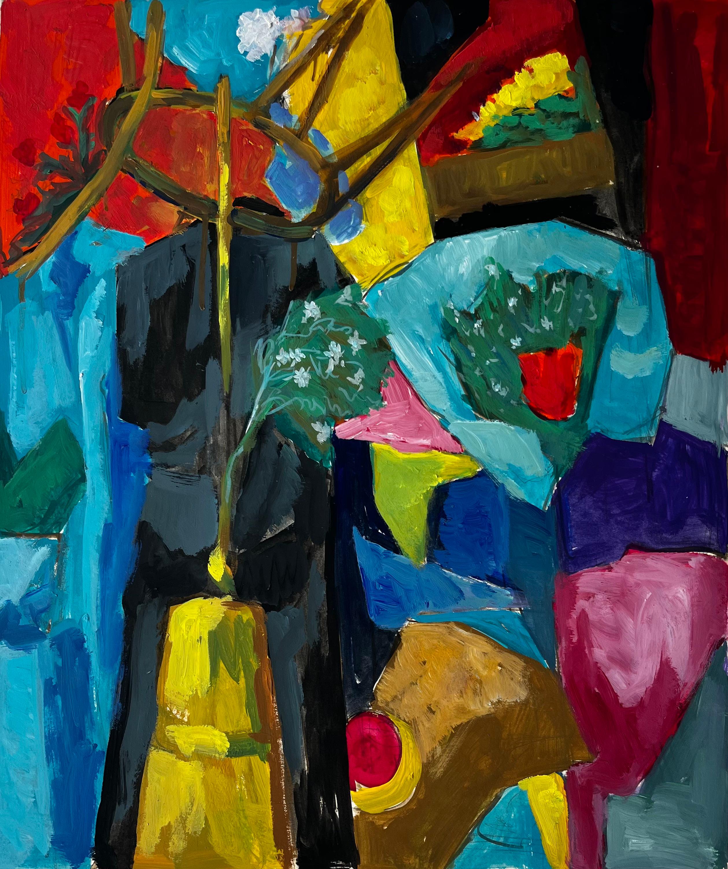 Nature morte abstraite avec vase jaune, rideau rouge et fleurs bleues Gouache française