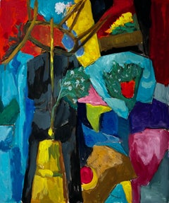 Nature morte abstraite avec vase jaune, rideau rouge et fleurs bleues Gouache française