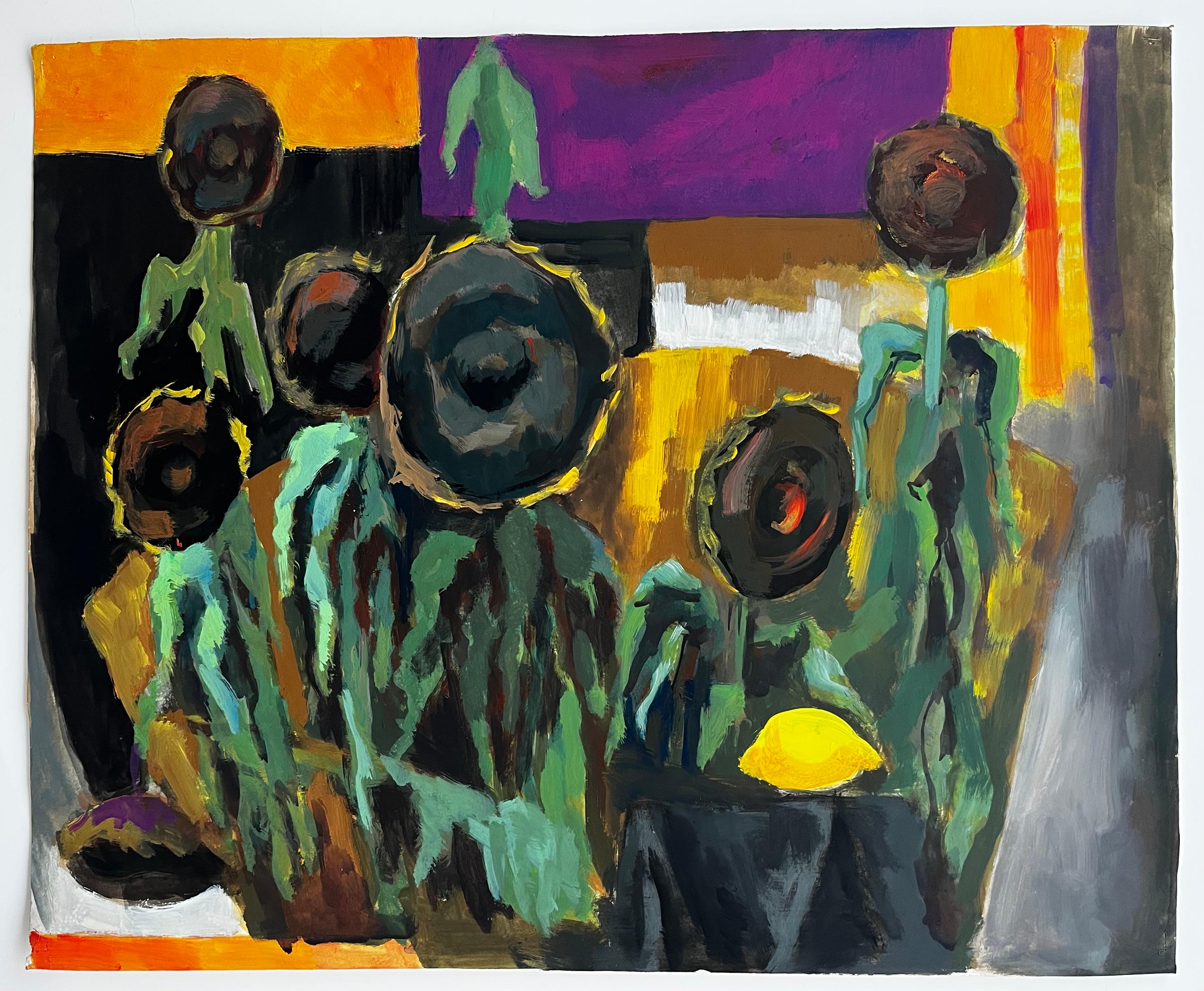 Nature morte abstraite aux tournesols Peinture gouache moderniste française - Painting de Guy Nicod