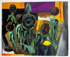Nature morte abstraite aux tournesols Peinture gouache moderniste française