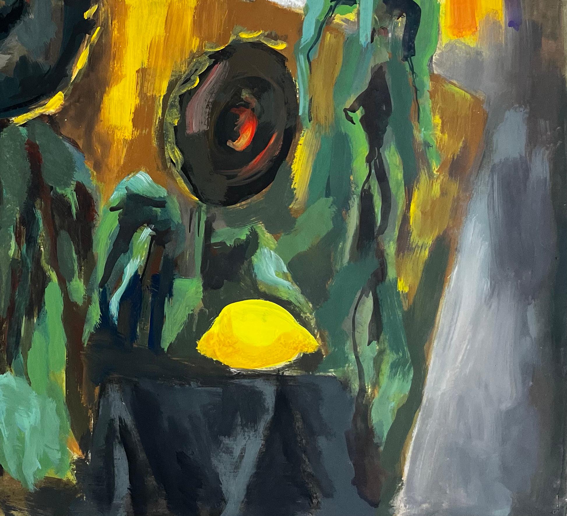 Nature morte abstraite aux tournesols Peinture gouache moderniste française - Moderne Painting par Guy Nicod