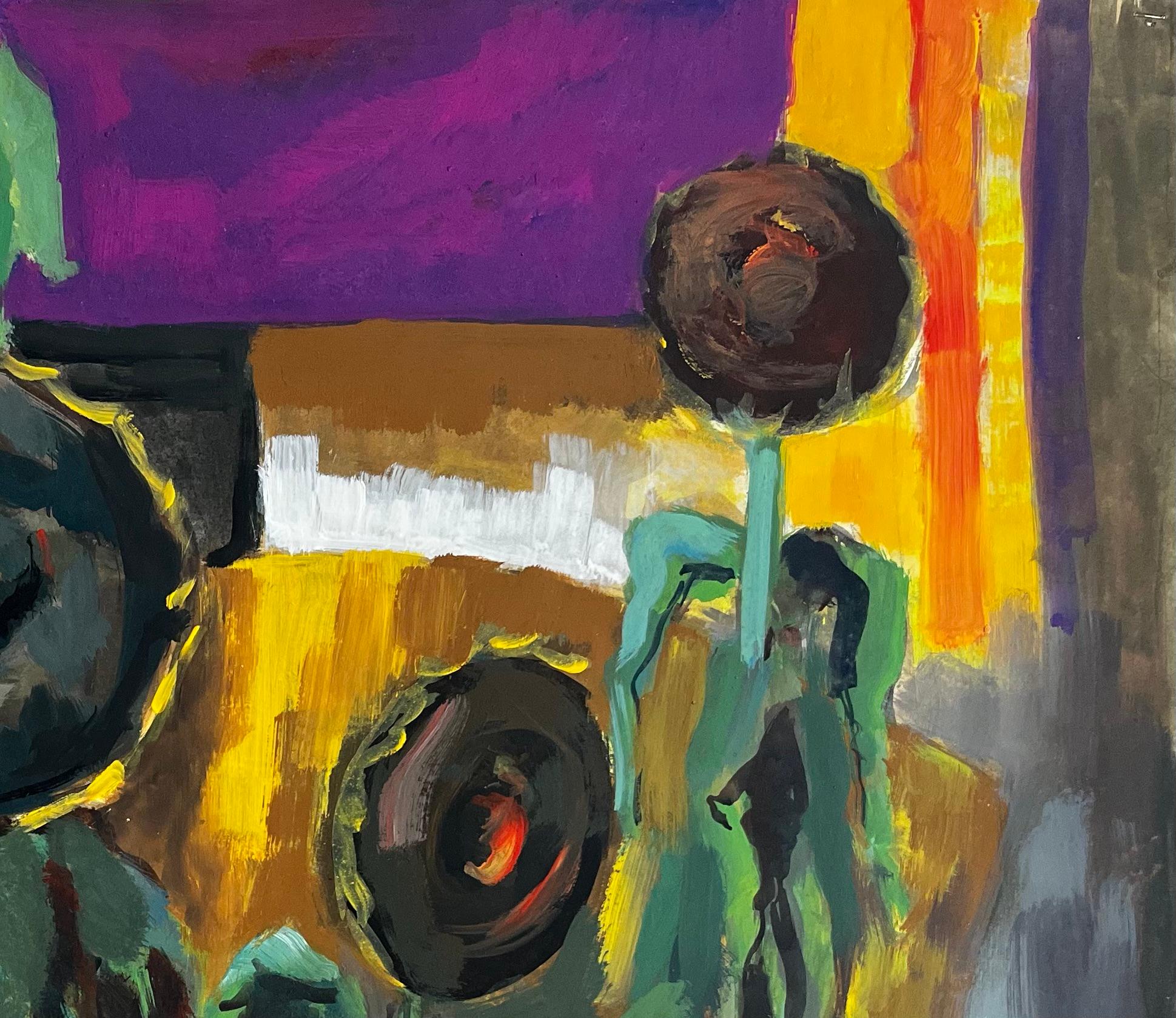 Nature morte abstraite aux tournesols Peinture gouache moderniste française - Noir Abstract Painting par Guy Nicod