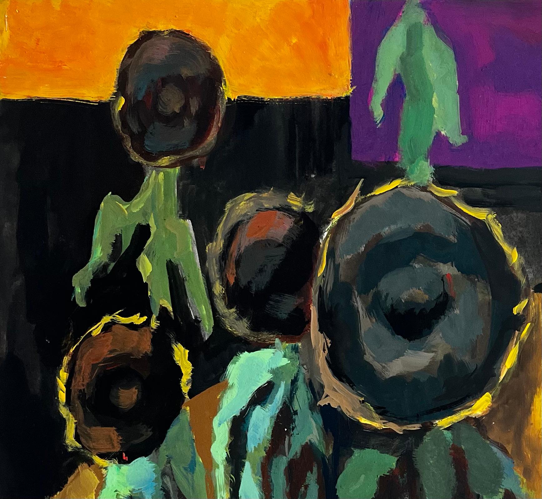 Nature morte abstraite aux tournesols Peinture gouache moderniste française en vente 1