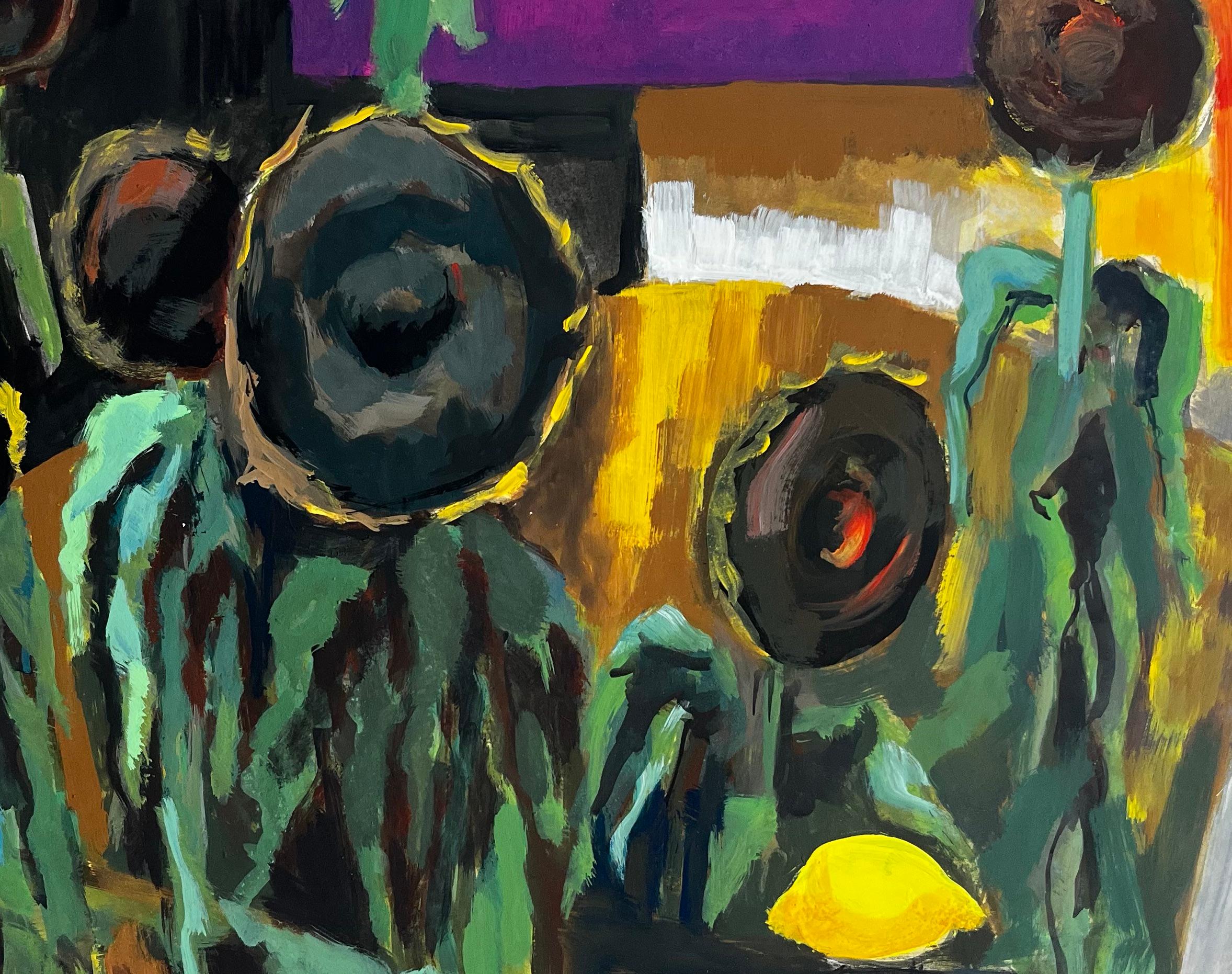 Nature morte abstraite aux tournesols Peinture gouache moderniste française en vente 2