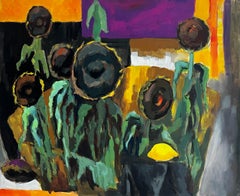 Abstract Sunflowers Still Life French Modernist Gouache Painting