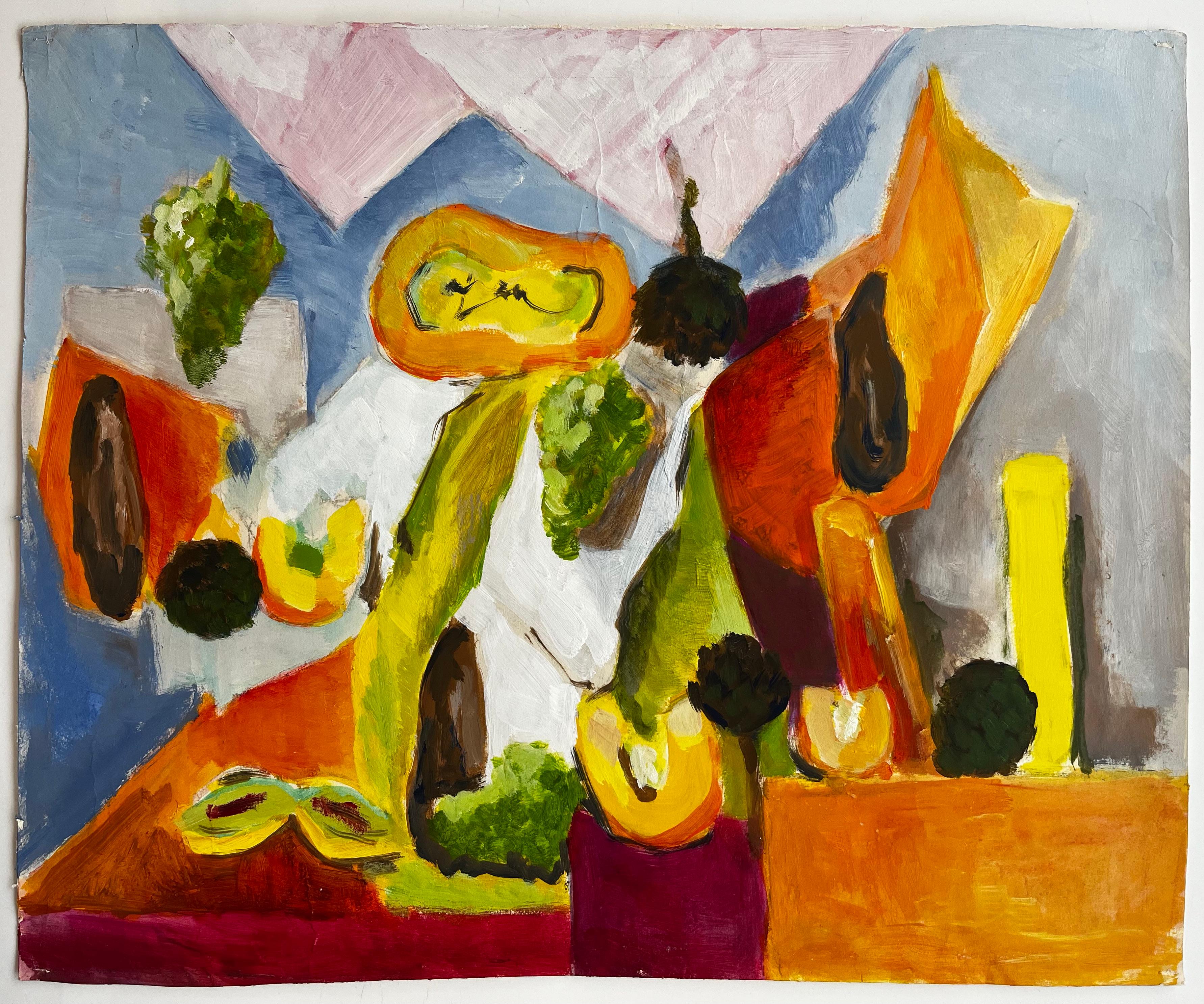 Nature morte abstraite aux légumes, courges, brocolis et courgettes Gouache - Painting de Guy Nicod