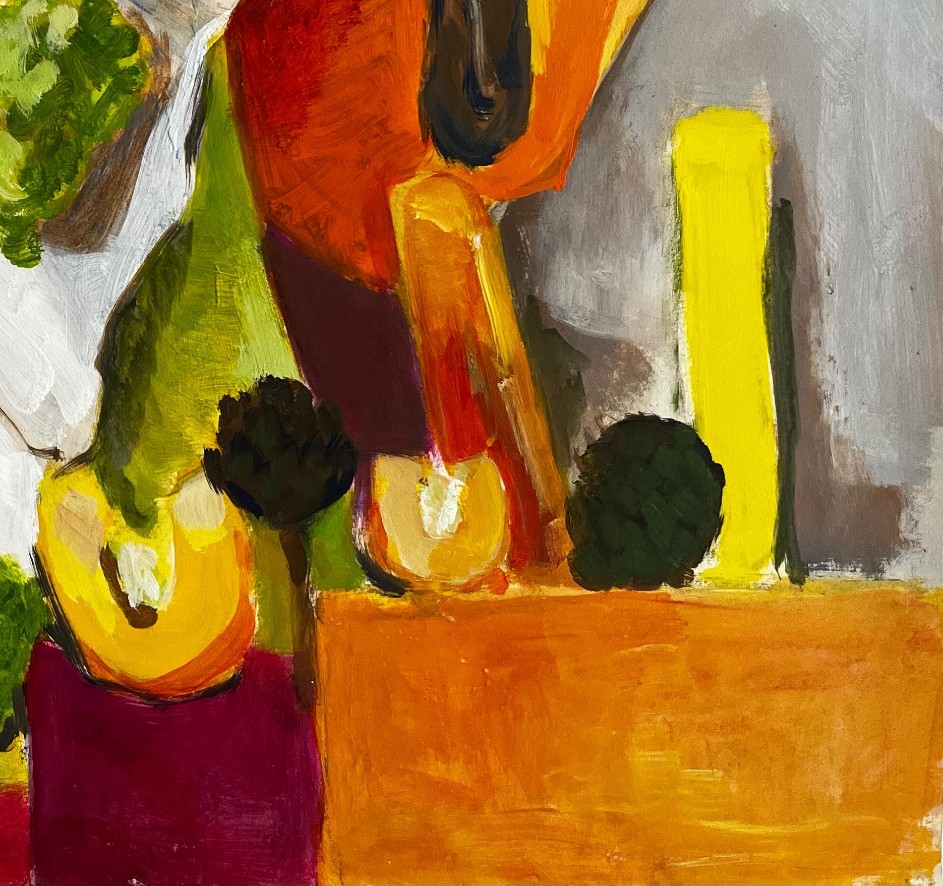 Nature morte abstraite aux légumes, courges, brocolis et courgettes Gouache - Marron Still-Life Painting par Guy Nicod