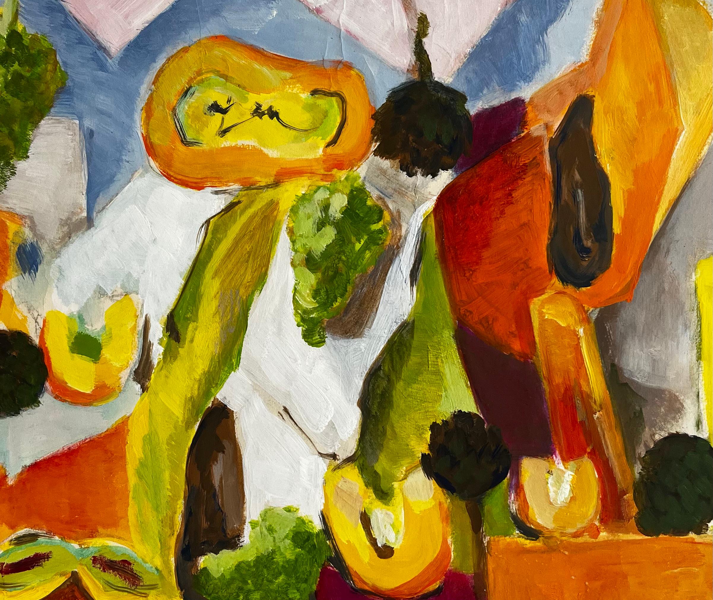 Nature morte abstraite aux légumes, courges, brocolis et courgettes Gouache en vente 2