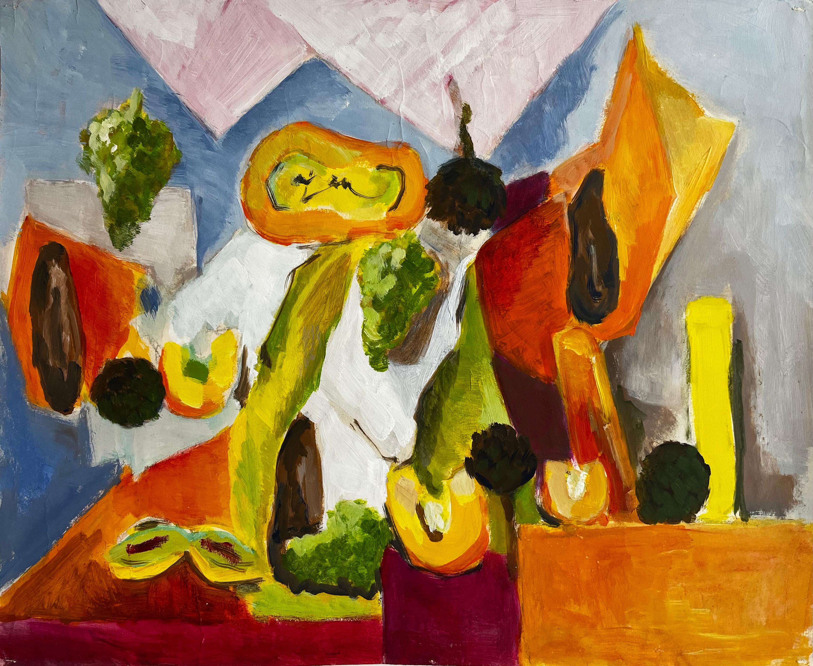 Abstraktes Gemüsestillleben mit Kürbis, Brokkoli und Zucchini Gouache