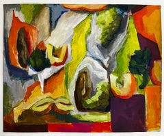 Abstract Vegetable Still Life with Squash Melon and Greens Gouache