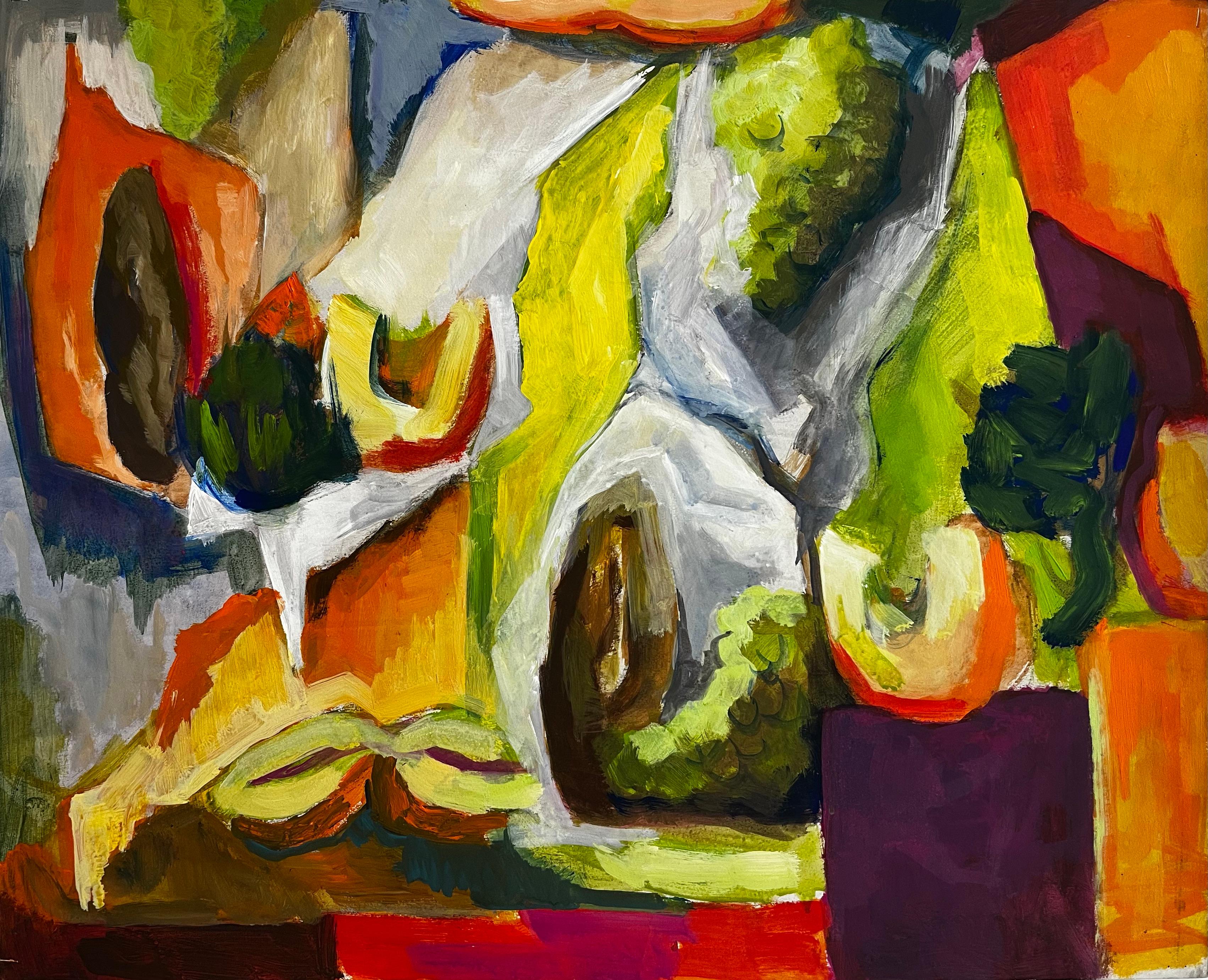 Abstract Vegetable Still Life with Squash Melon and Greens Gouache