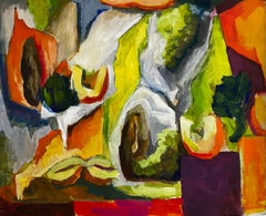 Bodegón vegetal abstracto con calabaza melón y verduras Gouache