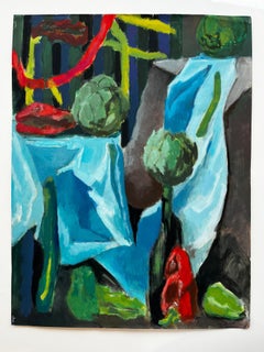 Artichokes Blue Drapery and Still Life Vegetables Gouache Painting