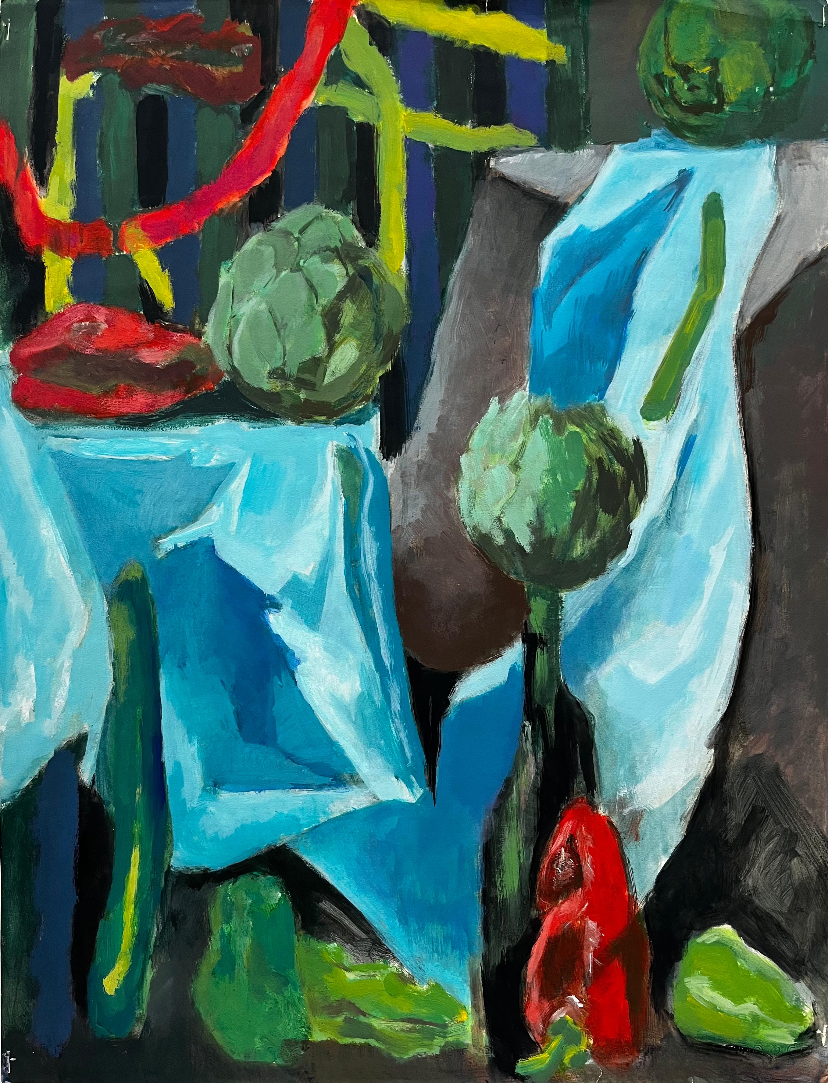 Artischocken Blau Draperie und Stillleben Gemüse Gouache Malerei