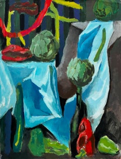 Artichokes Blue Drapery and Still Life Vegetables Gouache Painting