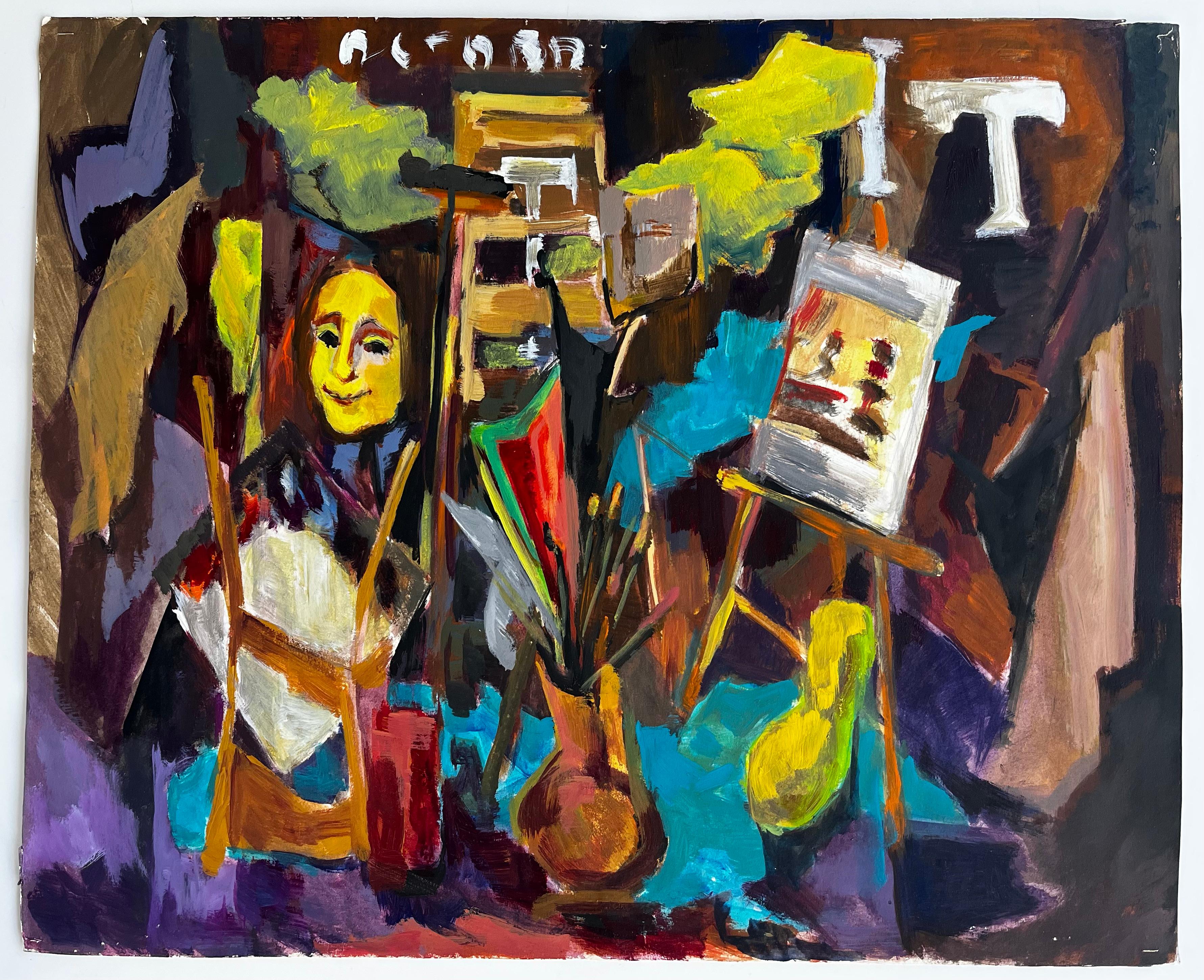 Intérieur de Studio d'artiste avec chevalets, portraits et outils de peinture Moderniste français - Painting de Guy Nicod