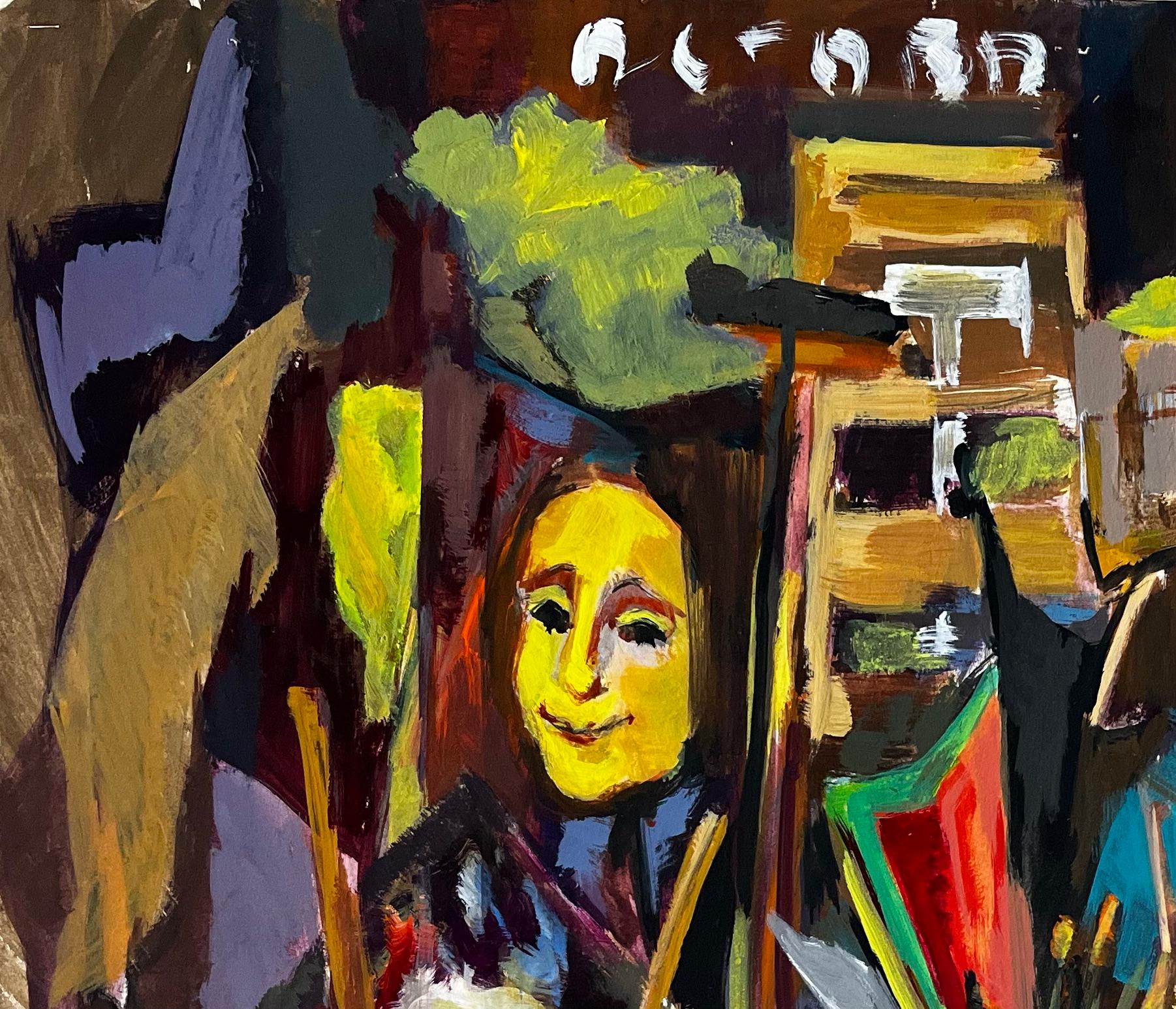 Intérieur de Studio d'artiste avec chevalets, portraits et outils de peinture Moderniste français - Moderne Painting par Guy Nicod