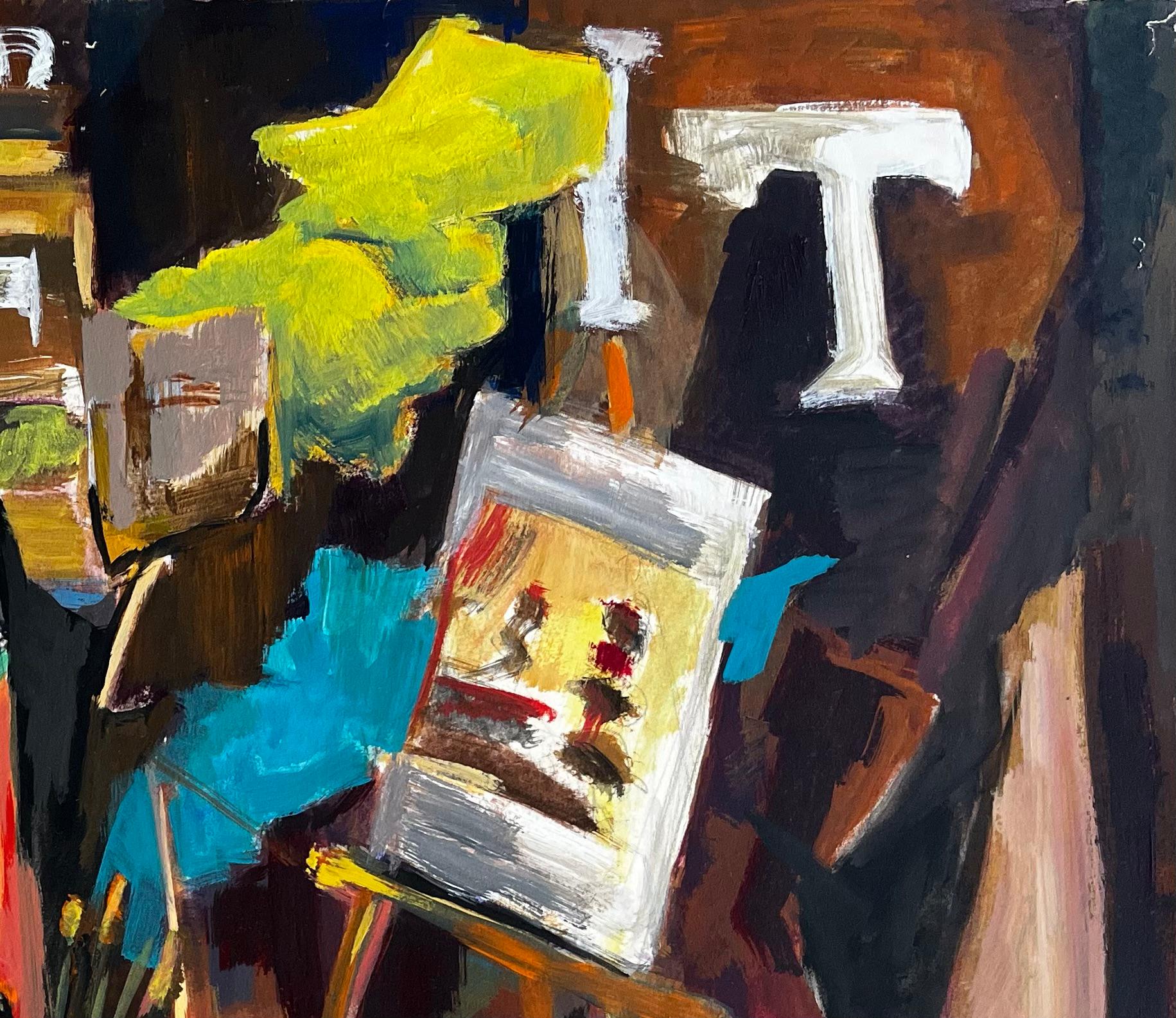 Intérieur de Studio d'artiste avec chevalets, portraits et outils de peinture Moderniste français - Noir Still-Life Painting par Guy Nicod