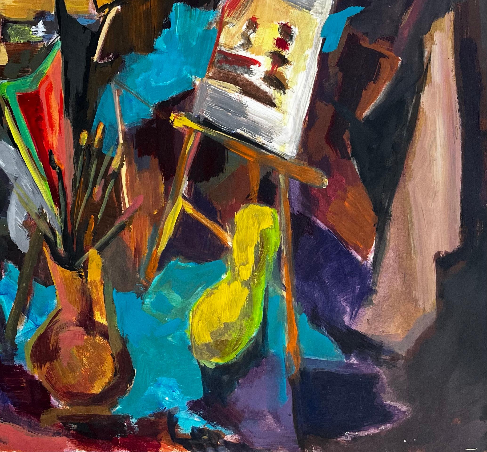 Titre : Intérieur de studio d'artiste avec chevalets, portraits et outils de peinture Moderniste français
Guy Nicod (français 1923 - 2021) 
Gouache sur papier d'artiste, non encadrée
Taille : 19.75 x 24 pouces (hauteur x largeur)
Provenance :