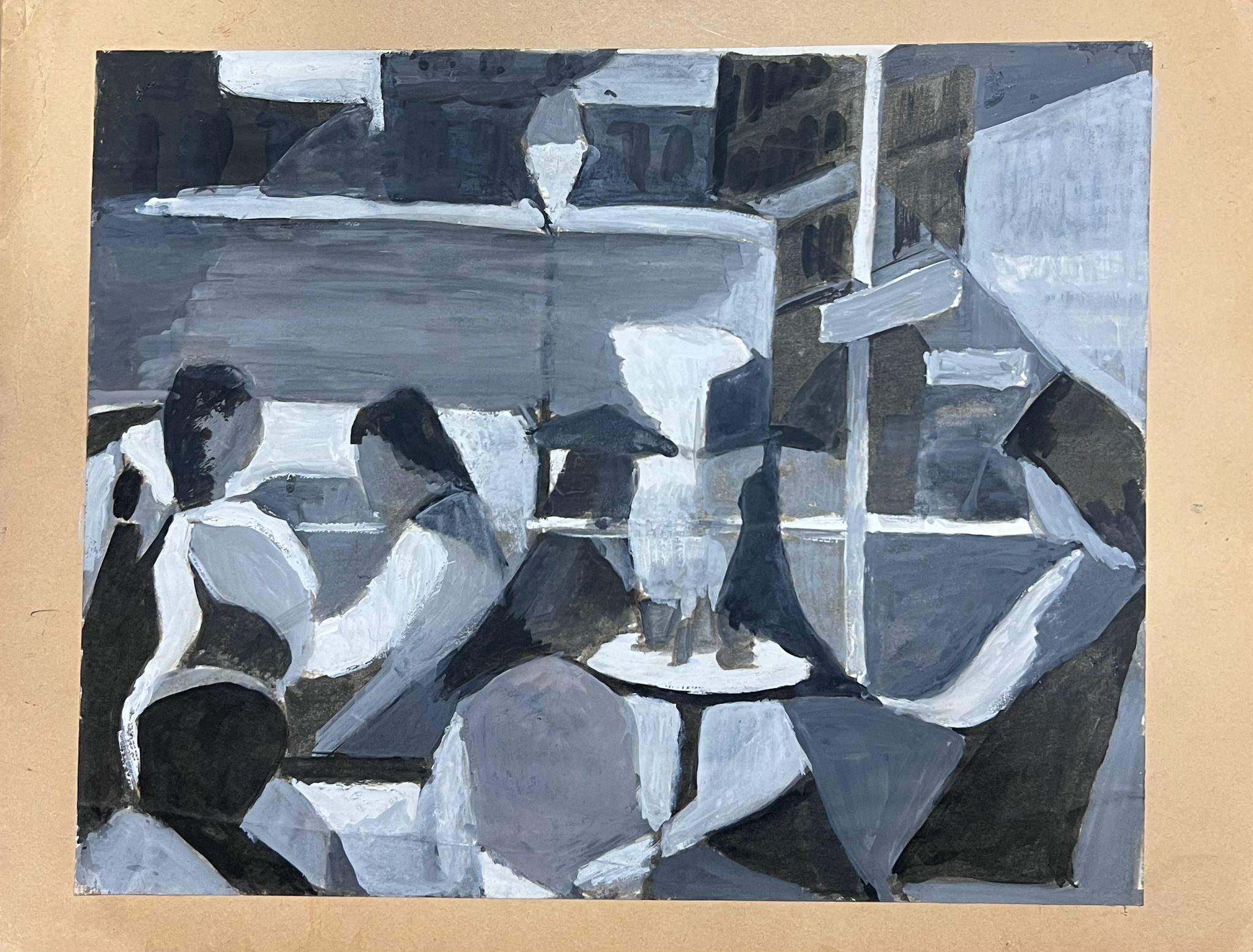 Figures en noir et blanc dans un restaurant Peinture moderniste française du 20e siècle  - Painting de Guy Nicod
