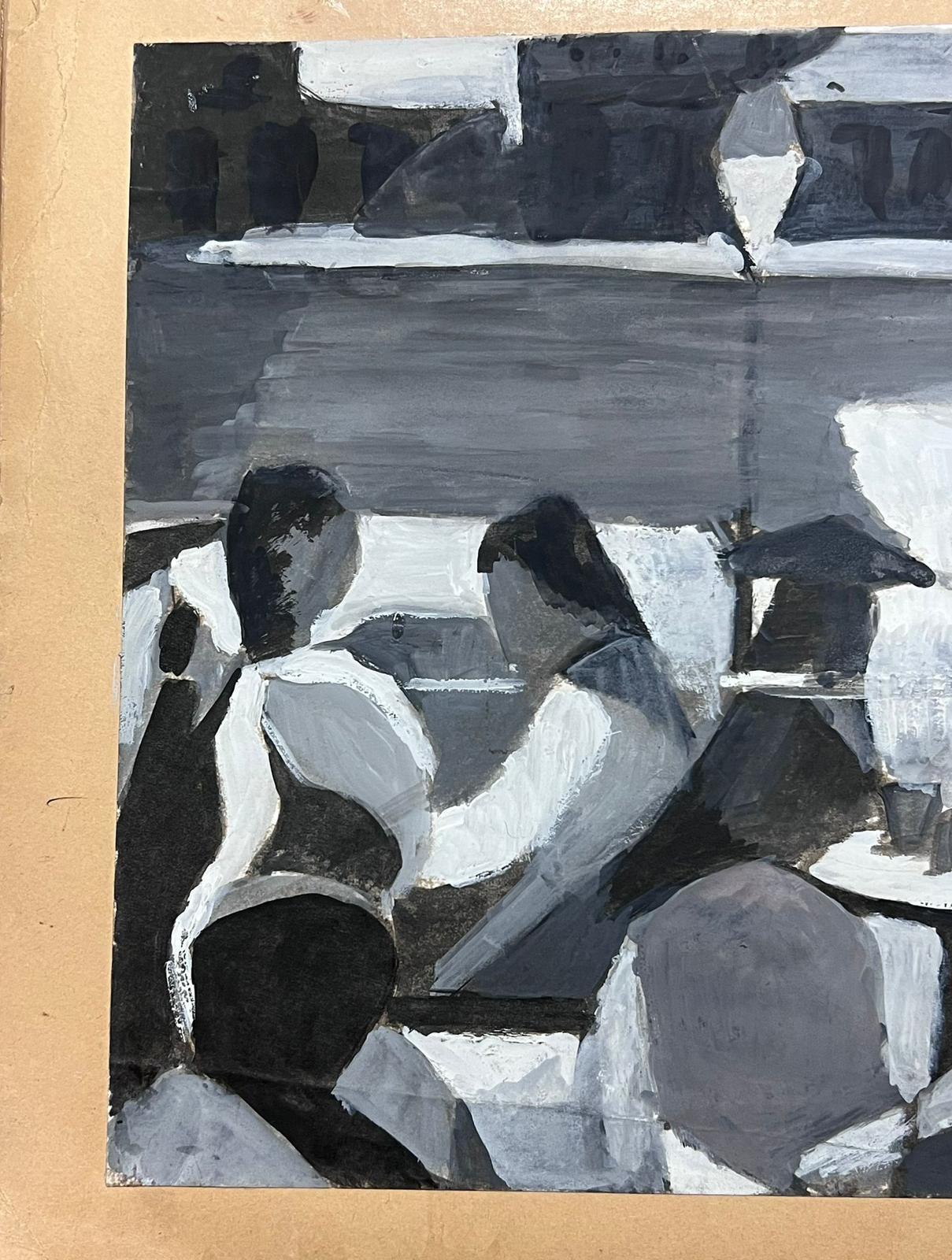 Figures en noir et blanc dans un restaurant Peinture moderniste française du 20e siècle  - Moderne Painting par Guy Nicod