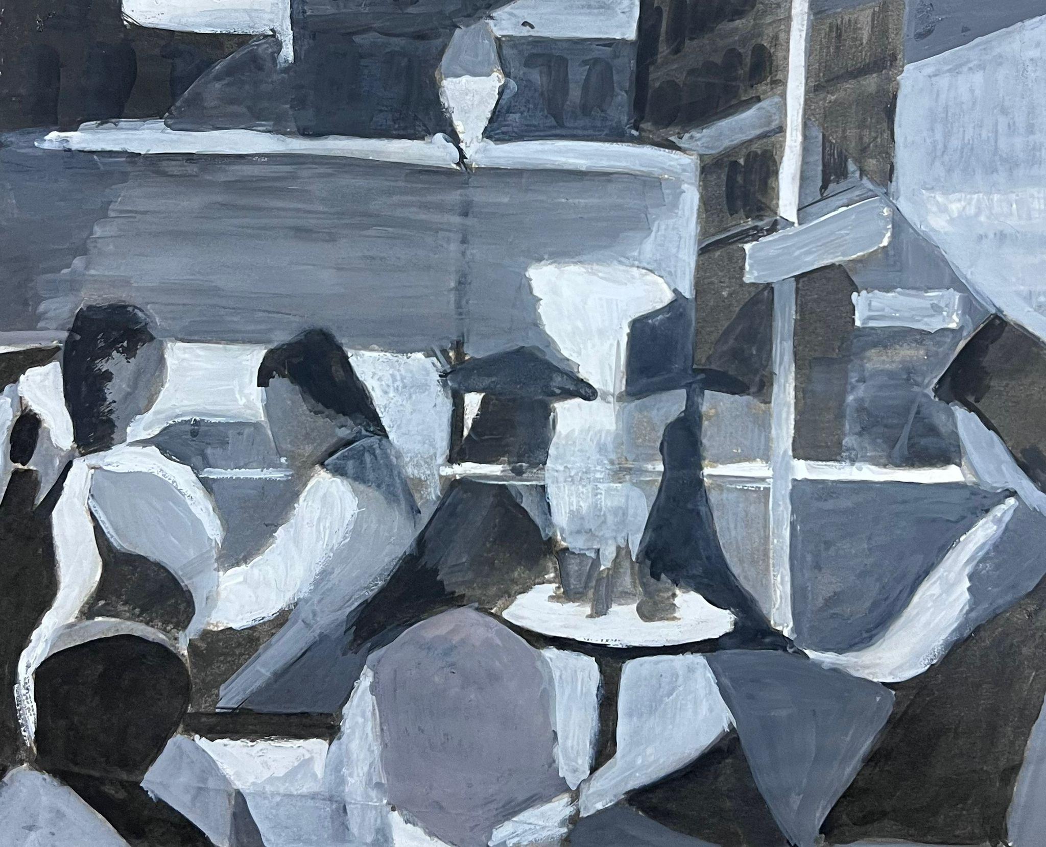 Guy Nicod Figurative Painting – Schwarz-Weiß-Figuren in Restaurant Französisch 20. Jahrhundert Modernistisches Gemälde 