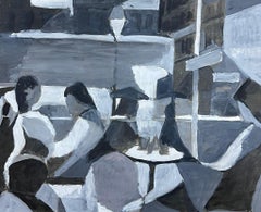 Vintage Black and White Figures In Restaurant French 20th Century Modernist Painting 